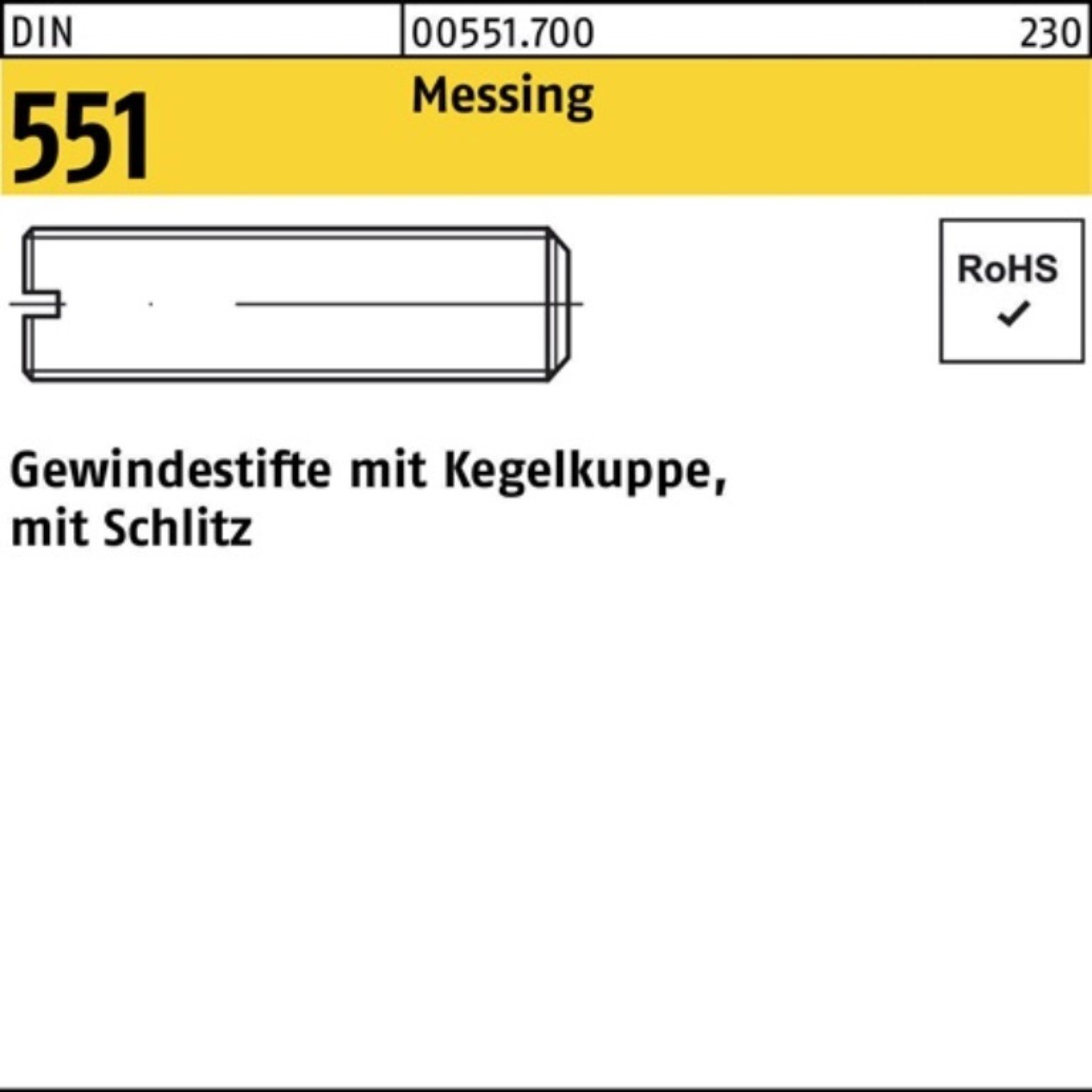 100er Gewindebolzen 100 DIN Messing Pack Gewindestift M3x S 6 551 Kegelkuppe/Schlitz Reyher