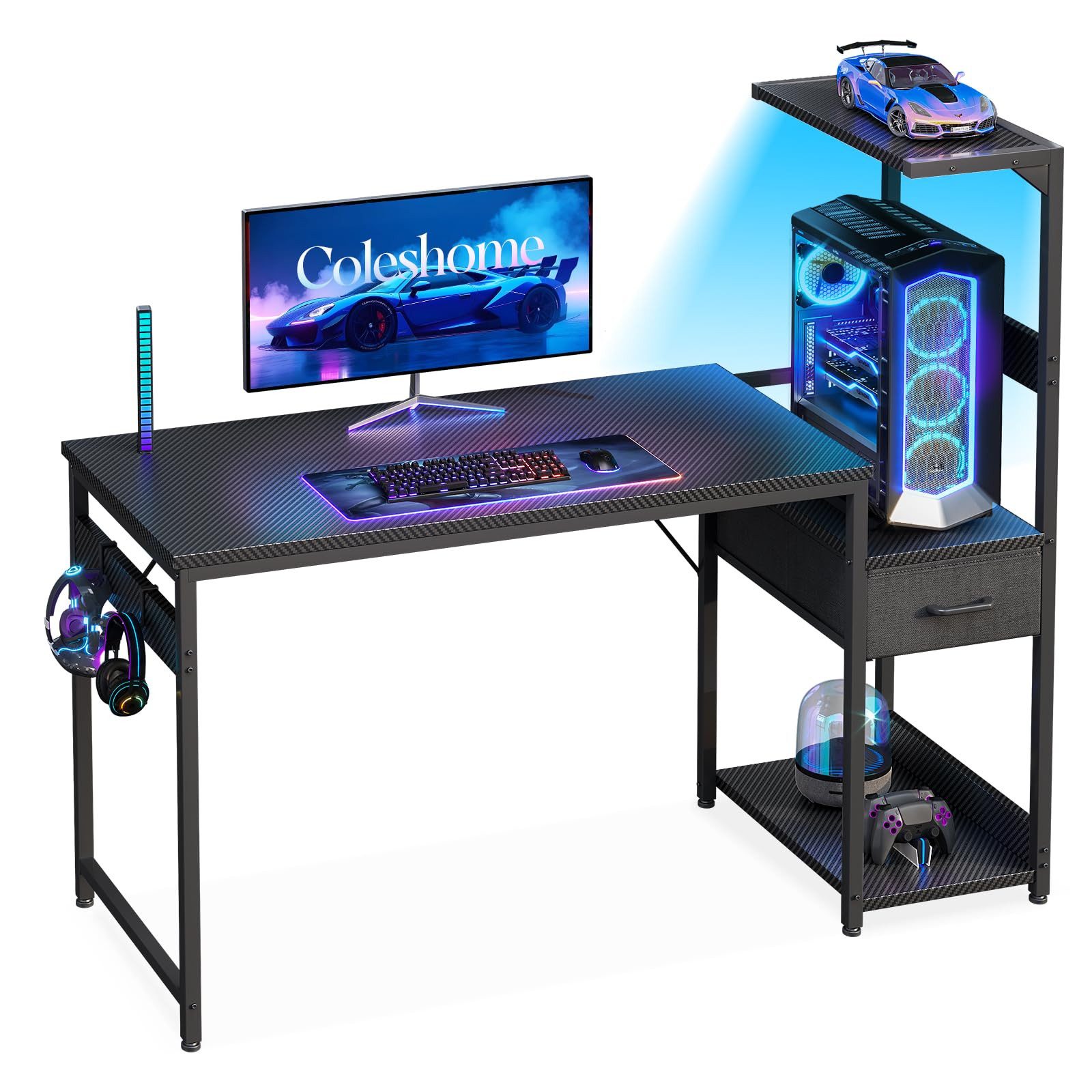 ODK Gamingtisch mit LED-Beleuchtung, Regal & Schublade in Carbon-Optik (1-St), 120 cm Computertisch & Schreibtisch