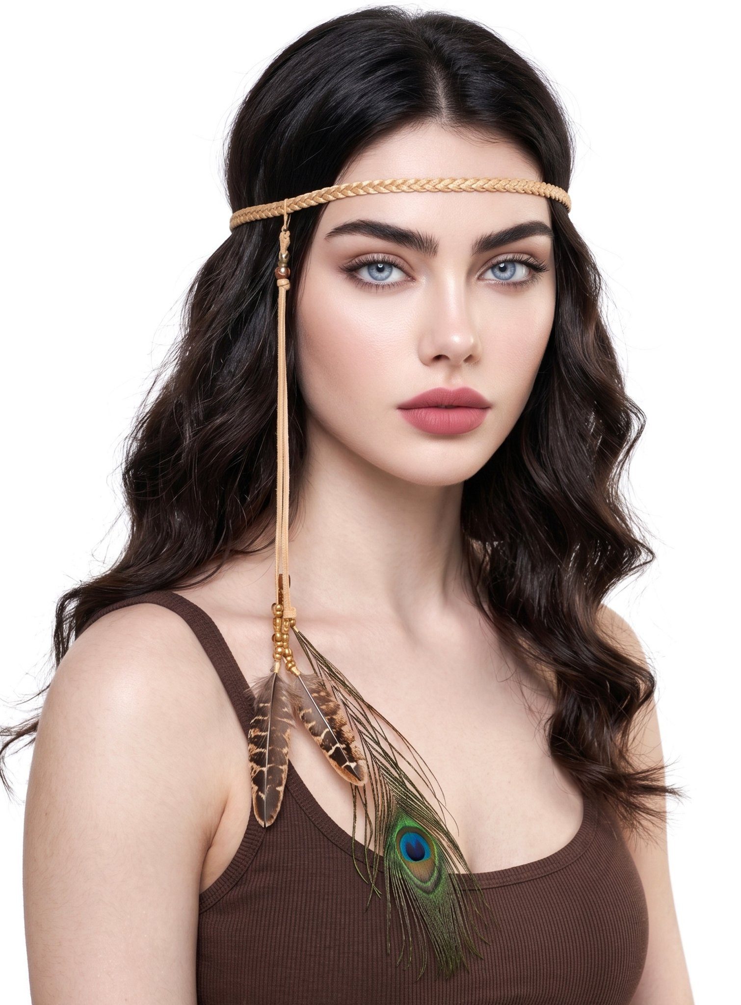 Metamorph Hippie-Kostüm Stirnband mit Federdeko, Kopfschmuck für Hippies, Ureinwohner und Festivalbesucher