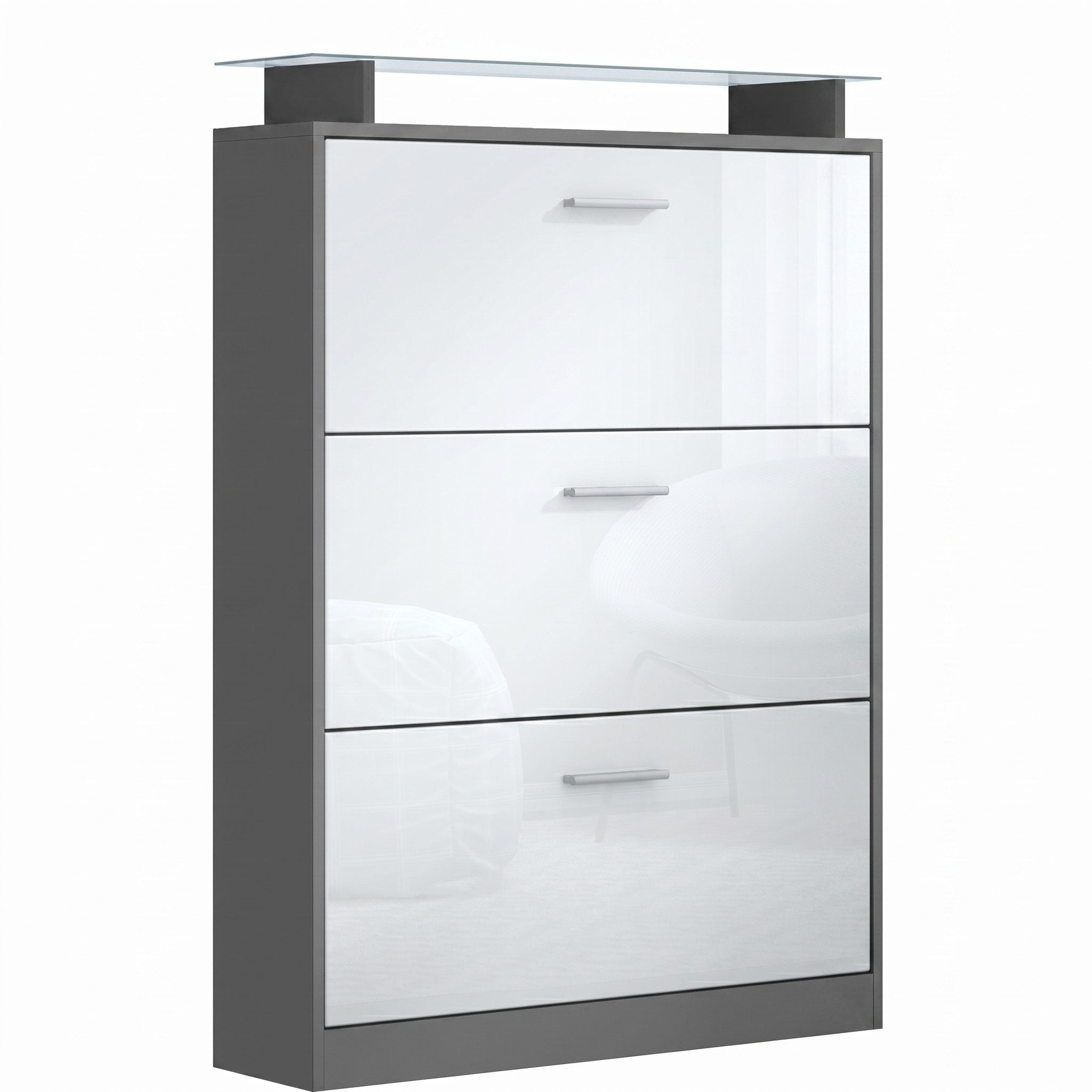 Vladon Schuhschrank Lavia (Schuhkipper, für 24 Paar Schuhe mit 3 Klappen und Glasablage) Anthrazit matt/Weiß Hochglanz (89 x 128 x 23 cm)