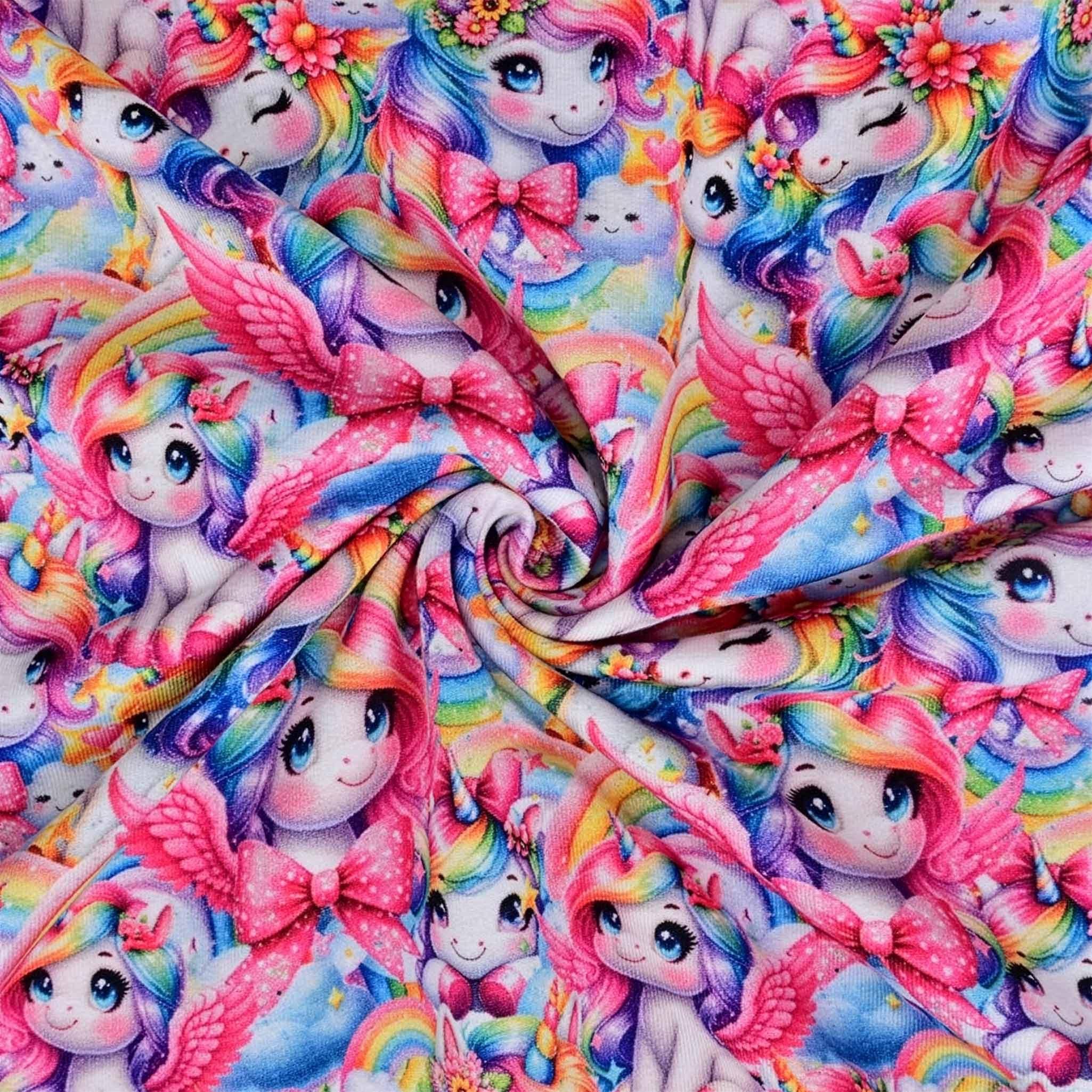 maDDma Stoff French Terry Stoff Einhorn Regenbogen Bunt 1/2 Meterware Sommersweat