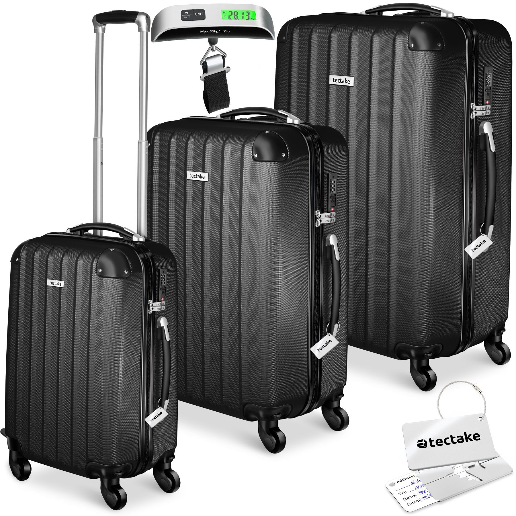 tectake Trolley Hartschalenkoffer-Set aus robustem ABS-Kunststoff, 360° drehbar, 4 Rollen, inkl. Kofferwaage und -anhänger, mit Sicherheits-Zahlenschloss