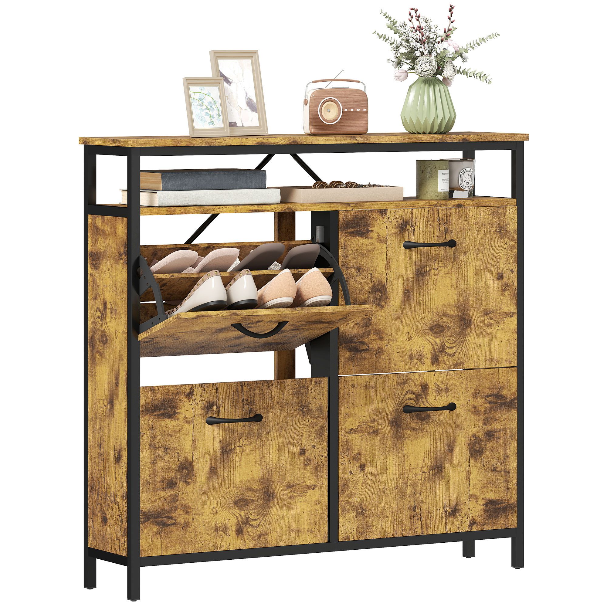 HOMCOM Schuhkipper mit 4 Klappen, verstellbar Trennwand, offenem Fach (schmal Schuhschrank, 1 St., Schuhregal für 12-20 Paar Schuhe), für Flur, Eingang 98x24x95cm Rustikal Braun