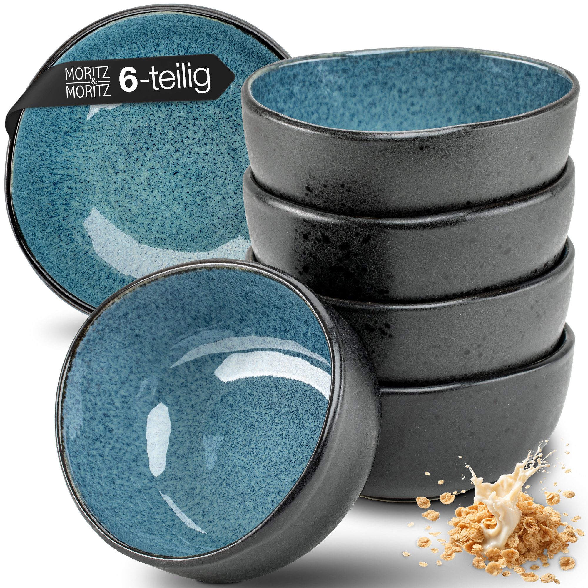 Moritz & Moritz Dessertschale ORGANIC reaktiv blau Müslibowl Set 6 tlg., Steinzeug, (Set, 6-tlg), Müslibowls für 6 Personen