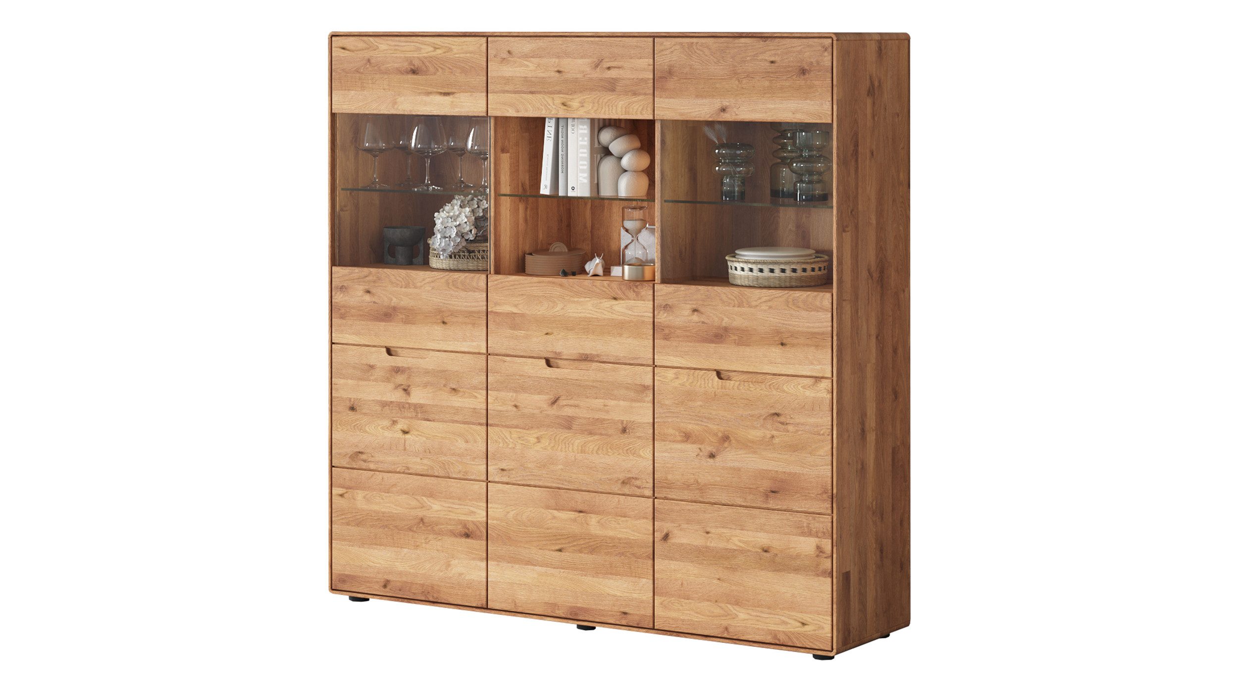 Massivart® Highboard LUCAS 149 cm Breite / montiert / Massivholz Wildeiche geölt, 1 Holztür / 2 Glas-Holztüren / 6 Einlegeböden / Soft-Close-Funktion