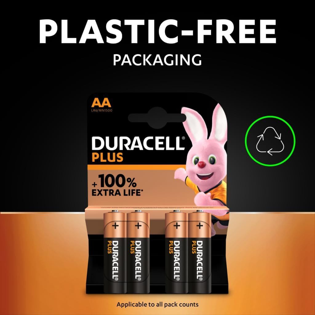 Duracell Duracell Plus AA Батареи (Mignon, MN1500 / LR6), 4er-Pack Batterie, LR6 (1,5 V V), Langlebige Alkaline-Batterie, Bis zu 100 % mehr Leistung
