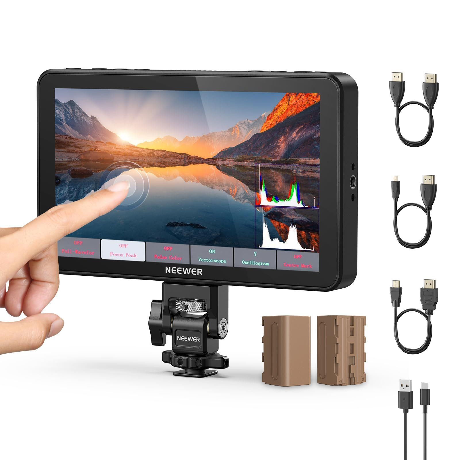 Neewer Kamerazubehör-Set F700 7" Kamera Feld Monitor, 2000nit HD 1920 x 1080 IPS Touchscreen, (Packung), mit 3D LUT, 4K HDMI Loop In/Out, DSLR Video Assist HDR Wellenform