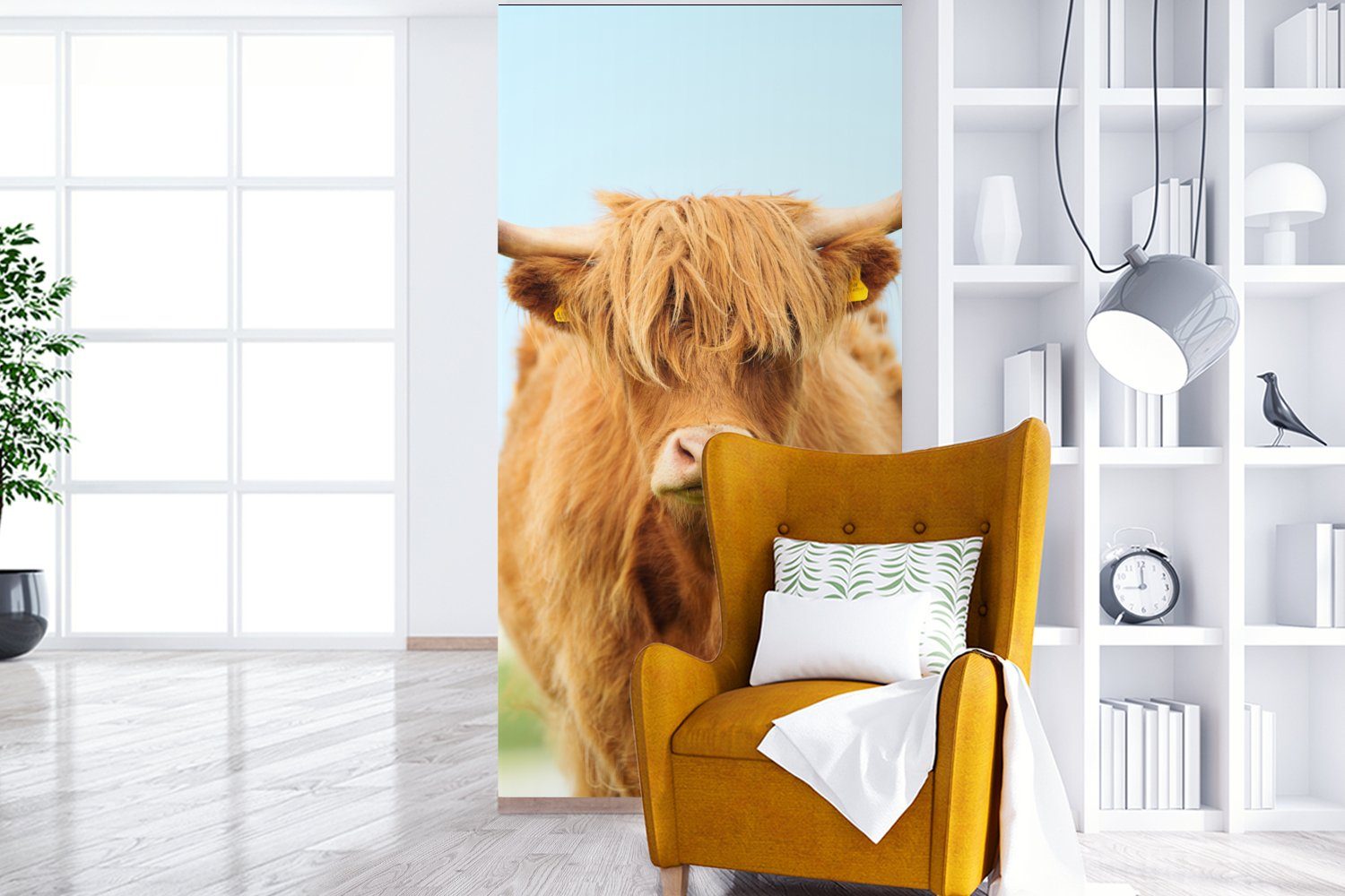 - (2 Haare MuchoWow Fototapete Wohnzimmer Highlander Fototapete Vliestapete bedruckt, Schlafzimmer für - Schottischer Küche, St), Gras, Matt,