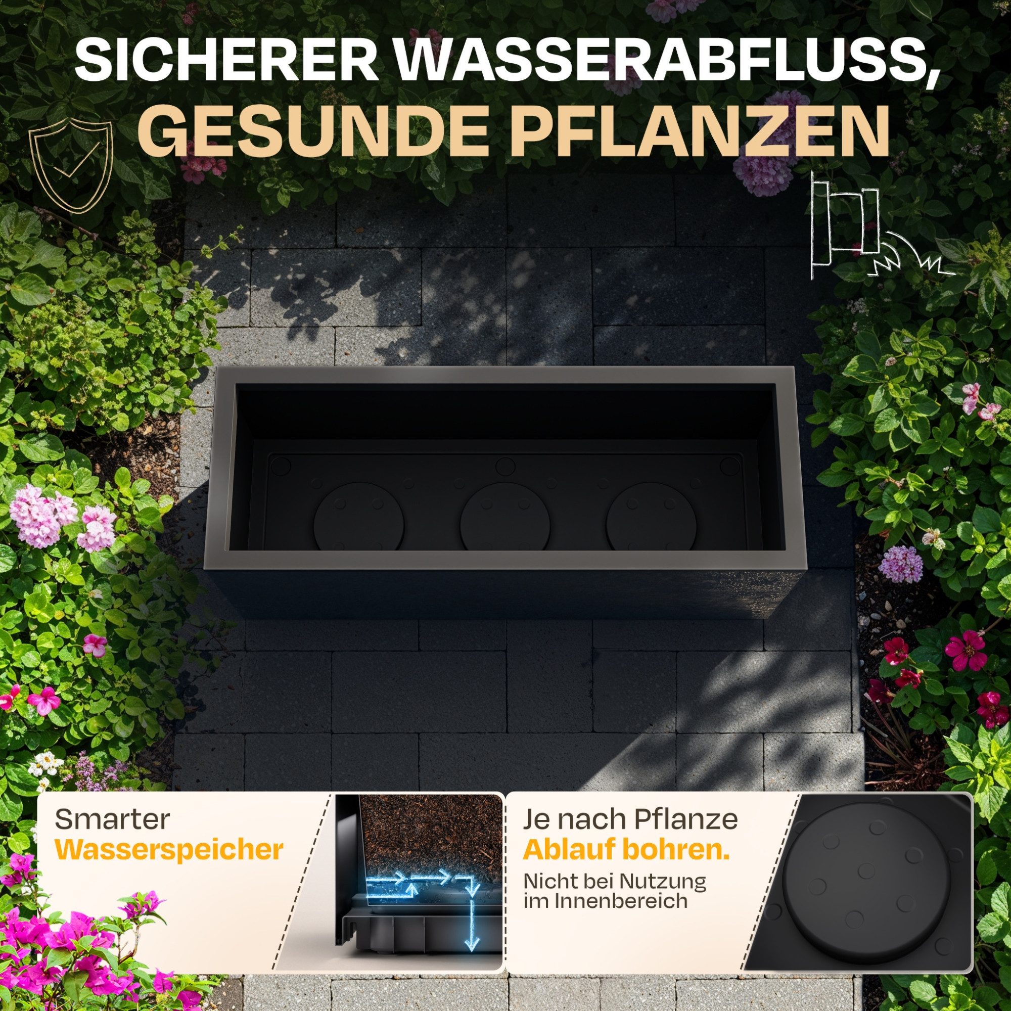 ONDIS24 Blumenkasten Vulkan 57L Gestein/Basalt Optik mit Wasserspeicher Pflanzenkasten, 79.5 x 29.5 x 29.5 (H) cm – Bild 4 von 5