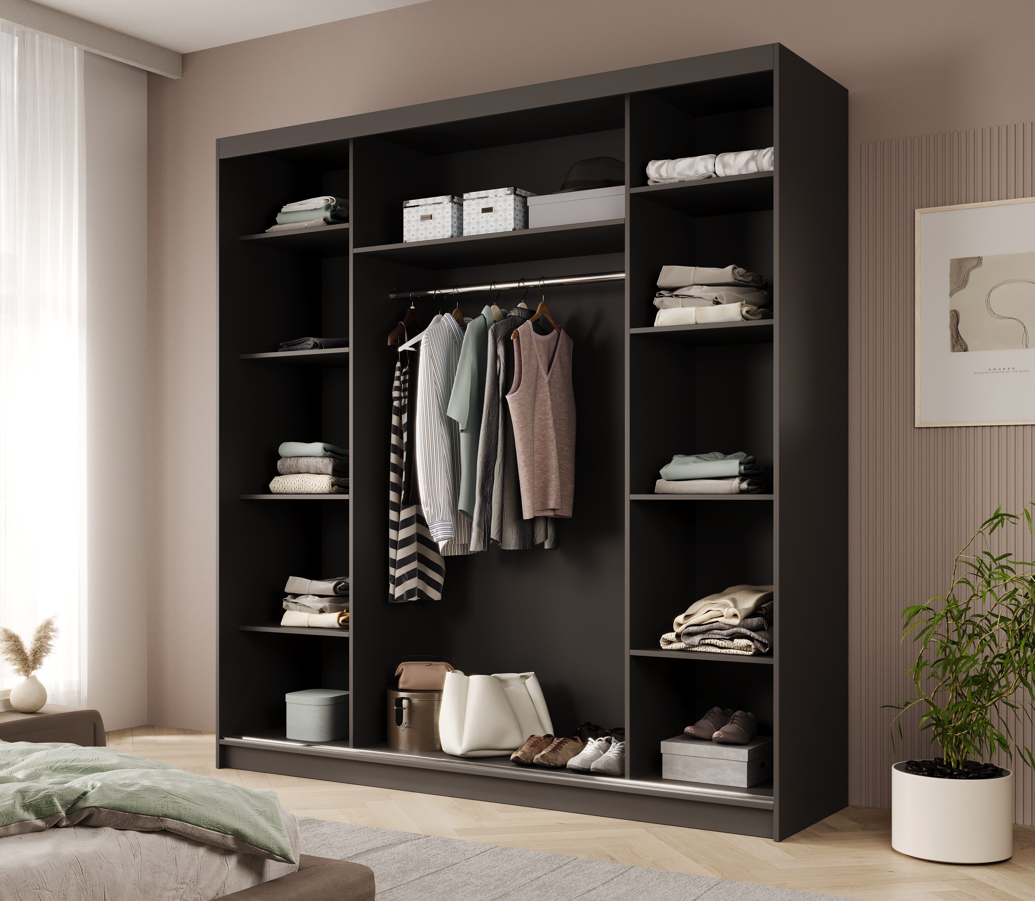 MOEBLO Schiebetürenschrank Tagra 200 (3 Türen, 11 Einlegeböden, Kleiderstange, Laminat, Modernes Design, Schwebetürenschrank Schrank Garderobe Schiebtüren Schlafzimmer) (BxHxT): 200x215x58cm