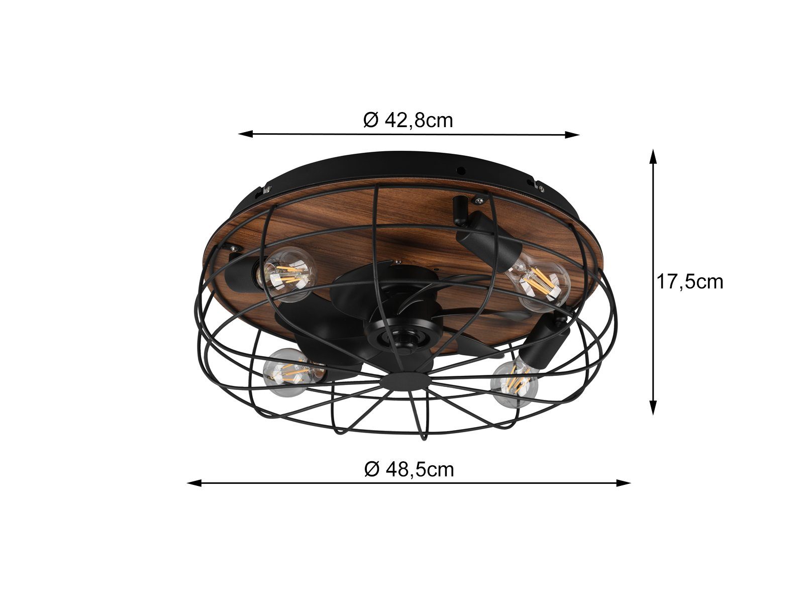 Holz-lampe LED Holzdekor - Ø48,5cm Licht, Schwarz matt Deckenleuchte, mit meineWunschleuchte Decke, Deckenlüfter Warmweiß, Deckenventilator-en wechselbar, LED