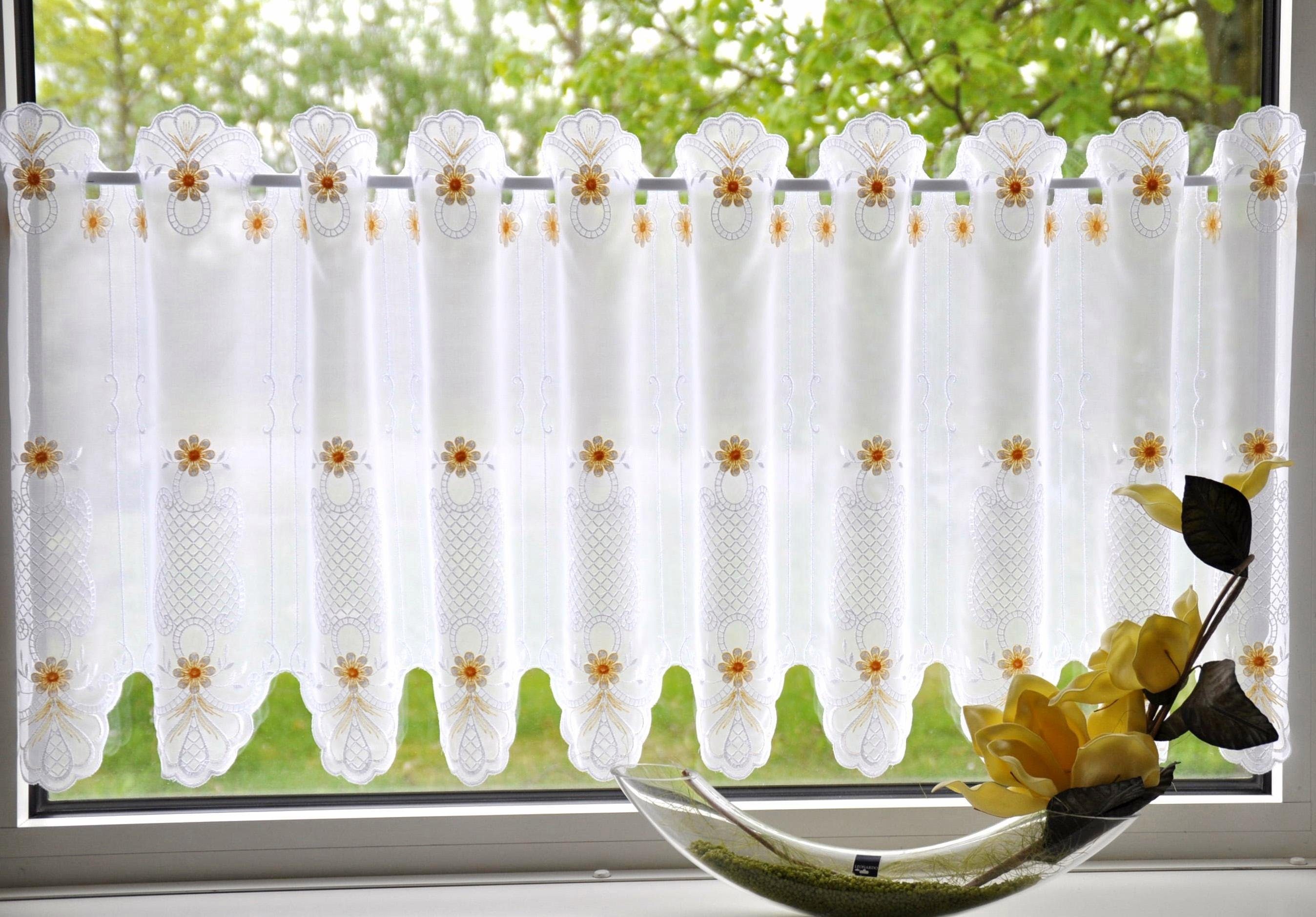 Stickereien Plauen Scheibengardine BLÜMCHEN, Durchzuglöcher (1 günstig online kaufen