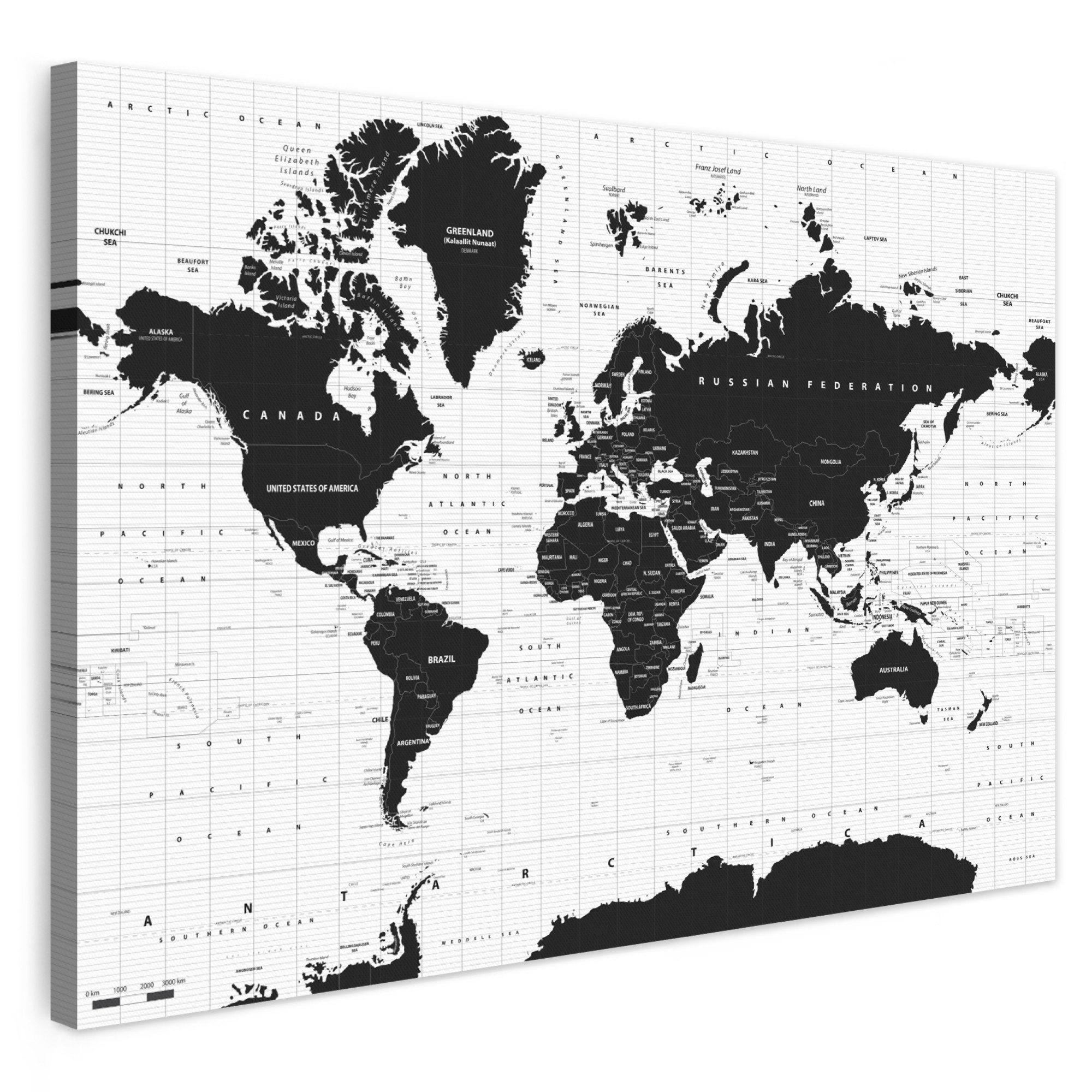 OneMillionCanvasses® Leinwandbild Weltkarte - Schwarz - Weiß - Atlas - Erde - Bildung, Fotodruck (1 St), Wandbild XXL für Wohnzimmer Küche 120x80 cm