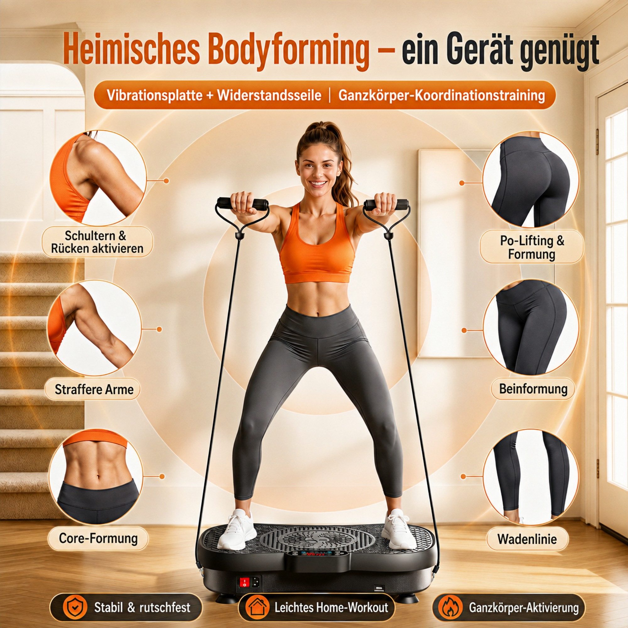 GIDGIMO Vibrationsplatte Power-S200 Vibrationsplatte 180 Geschwindigkeitsstufen, 5 Programmen, 150 W, 180 Intensitätsstufen, Fernbedienung, Widerstandsbändern,  – Bild 2 von 5