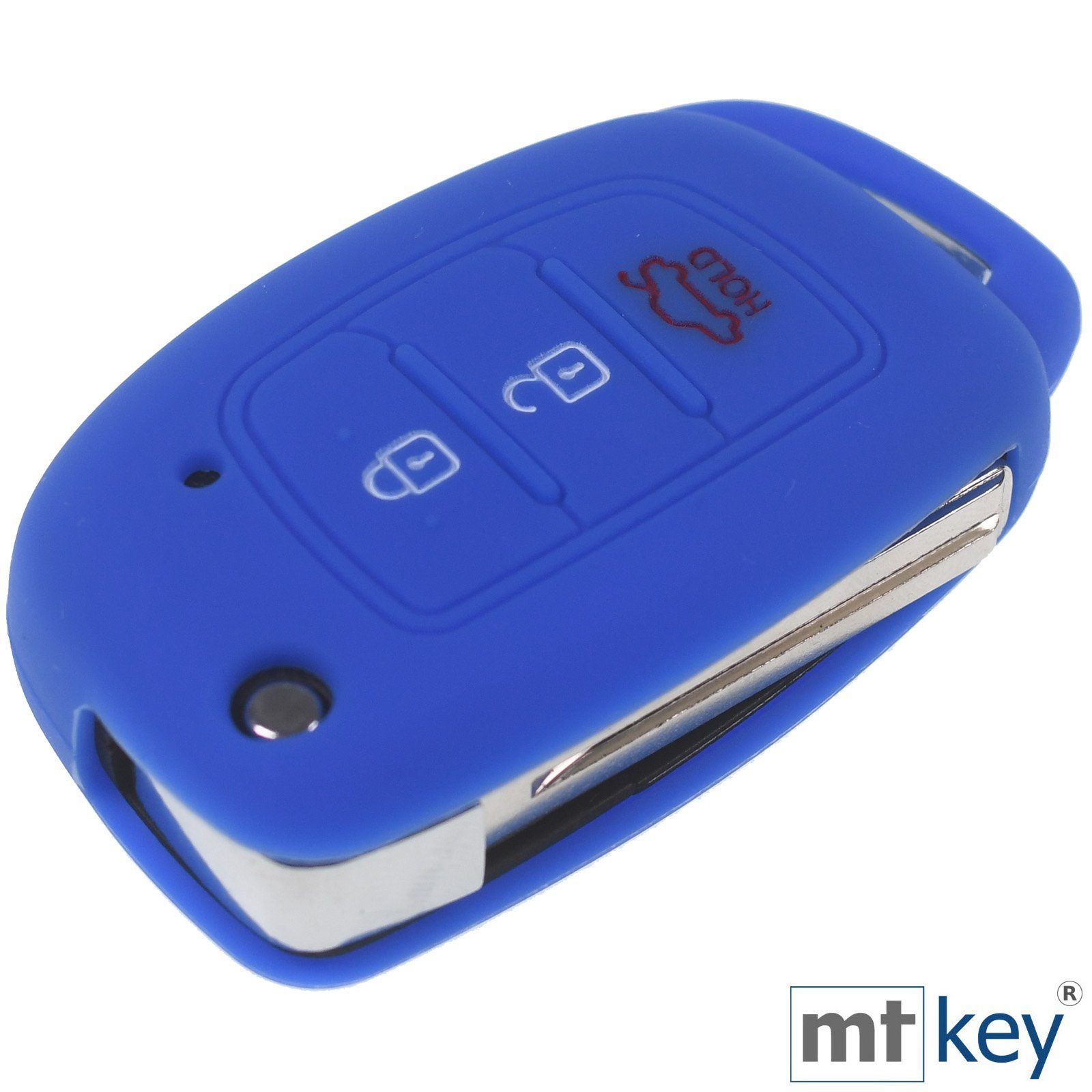 mt-key Schlüsseltasche Autoschlüssel Accent i40 Knopf für + Wabe Klappschlüssel i20 ix25 Blau Silikon im 3 Hyundai ix35 Schlüsselband, i10 Schutzhülle Tucson Design