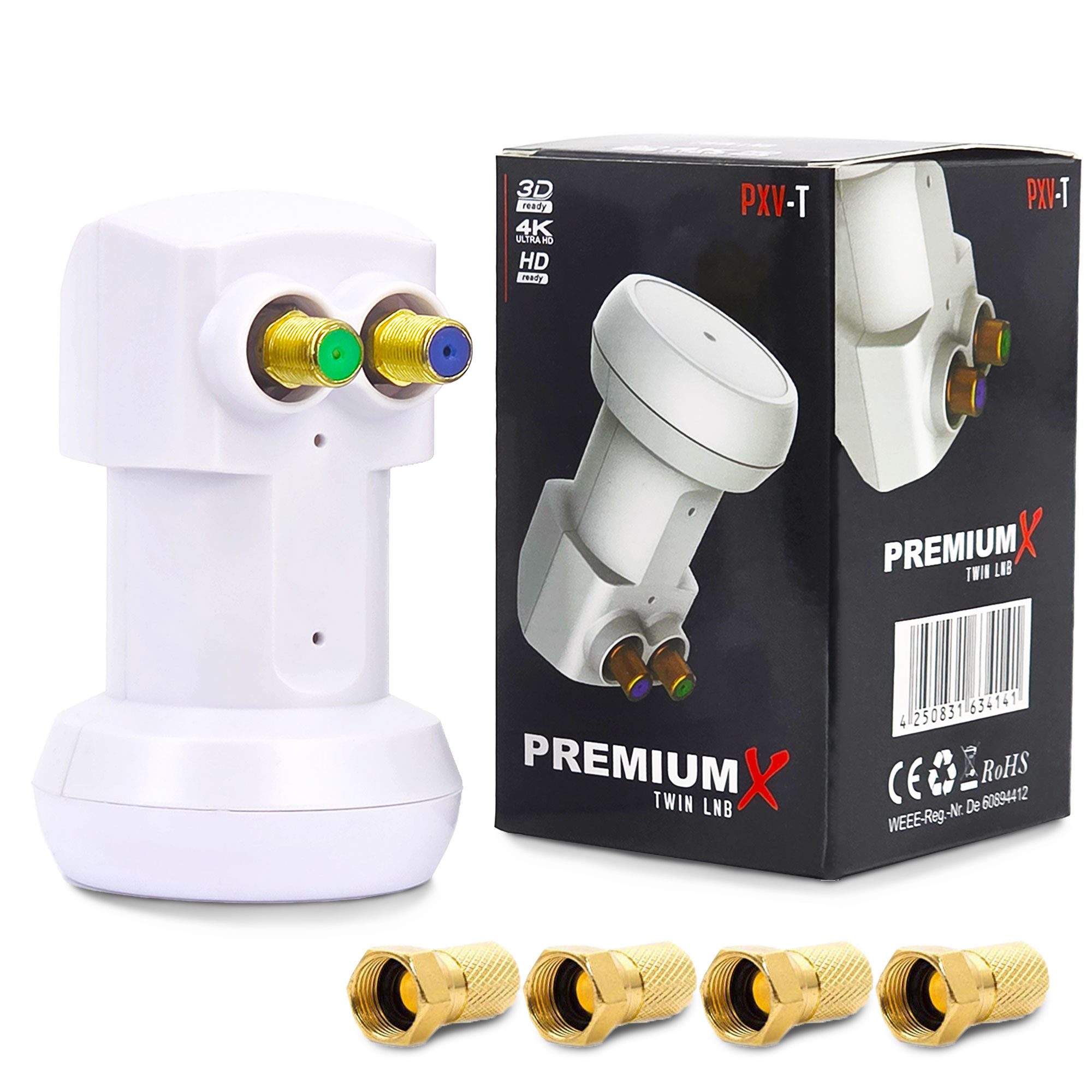 PremiumX Twin LNB SAT für 2 Teilnehmer DVB-S2 HD 4K inkl. 4x F-Stecker Monoblock-LNB
