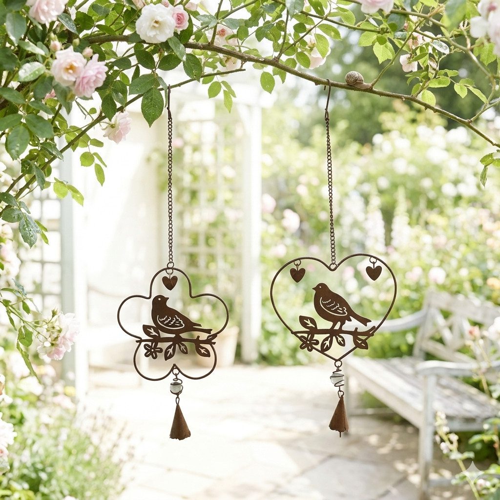Denk Dekohänger Hänger Vogel in Herz und Blume 2er Set ca. 48 cm - Dekoration (Set, 2 St., 2), Metall in Rostbraun, Glas-Kugel, wetterfest, dekorativ für innen/außen