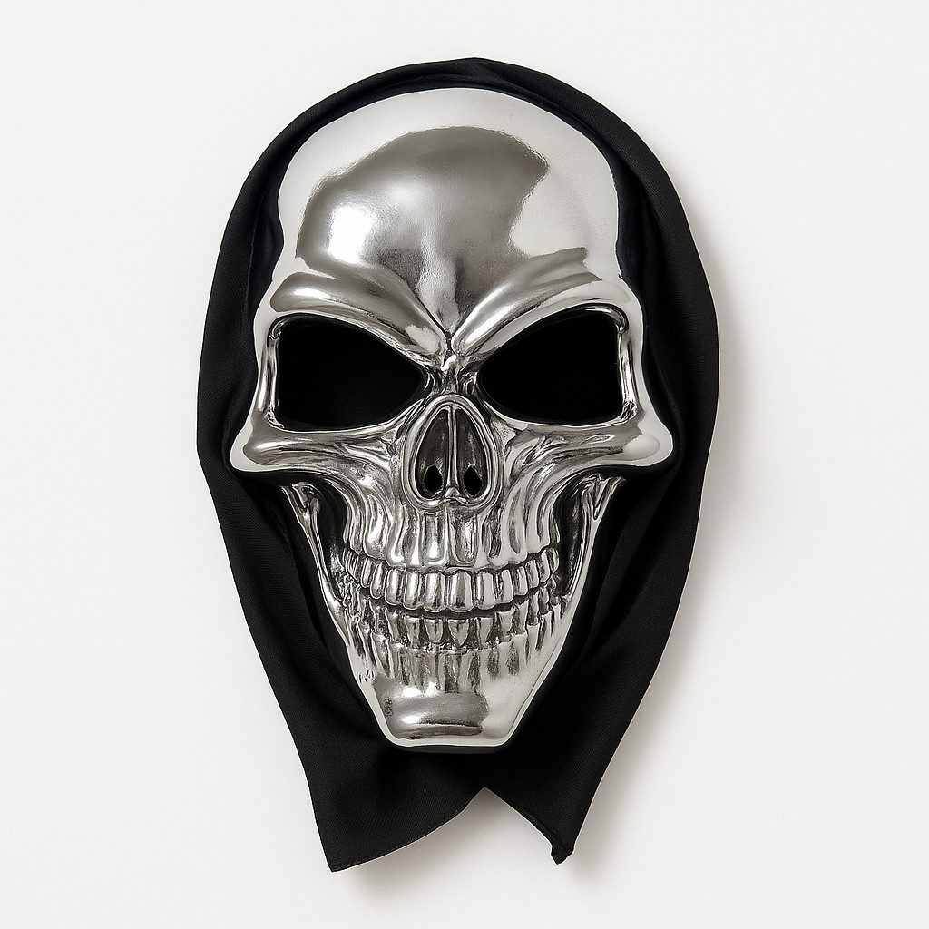 Goodmark Verkleidungsmaske Totenkopfmaske Silber mit Kapuze Halloween Schädelmaske Gruselmaske, (1-tlg), Gruselig glänzender Totenkopf-Look