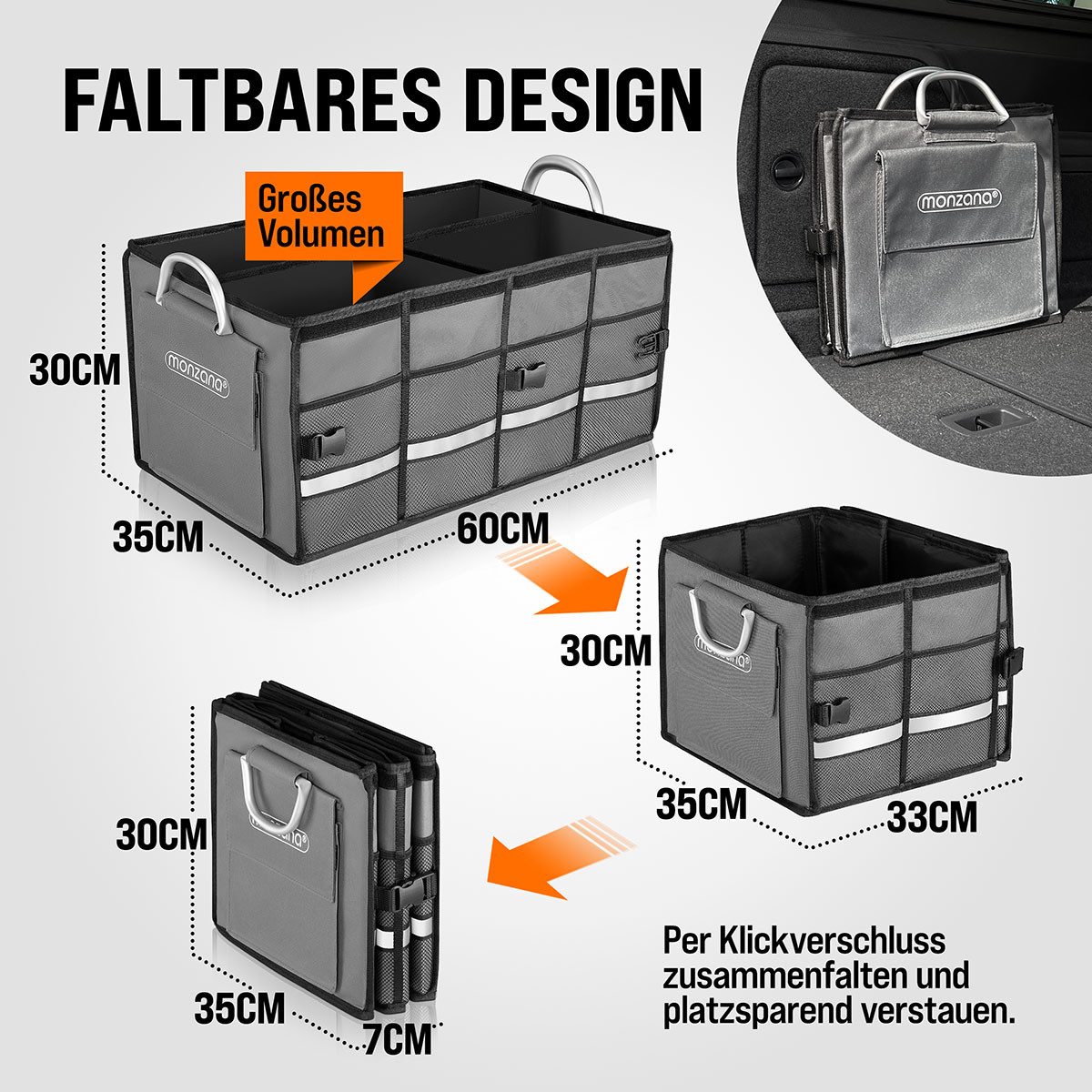 monzana Faltbox (1 St), Kofferraumtasche mit Deckel 65L Trennwände wasserdicht Auto Organizer