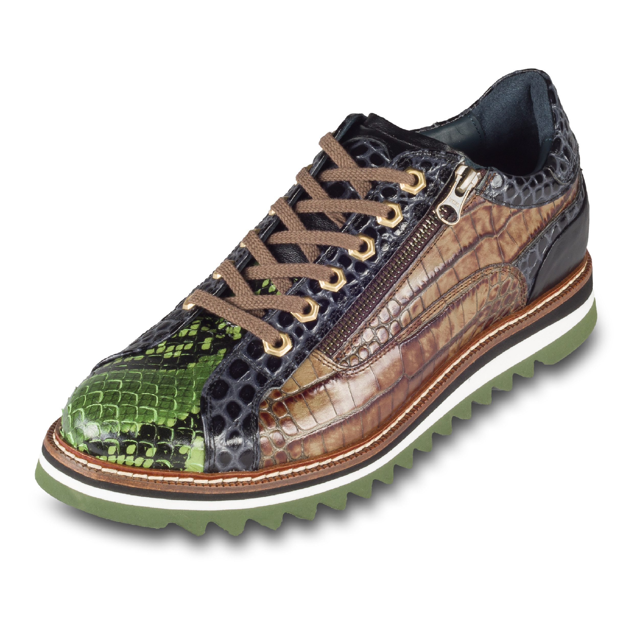 Lorenzi Lorenzi Herren Sneaker grün/braun, Leder Kroko-Prägung, Reißverschluß Sneaker Handgefertigt in Italien