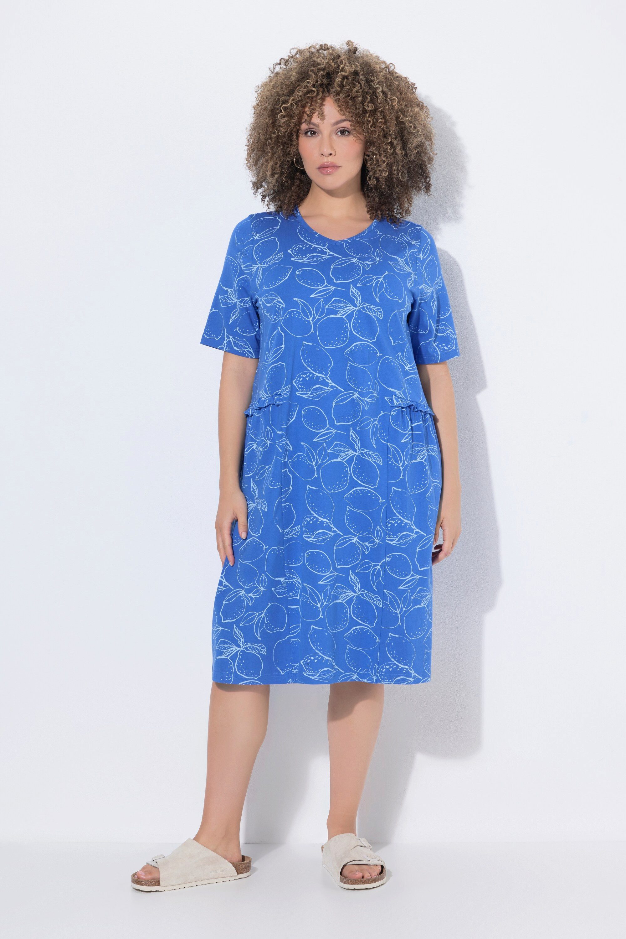 Ulla Popken Midikleid Jerseykleid Zitronen Rüschen V-Ausschnitt Halbarm