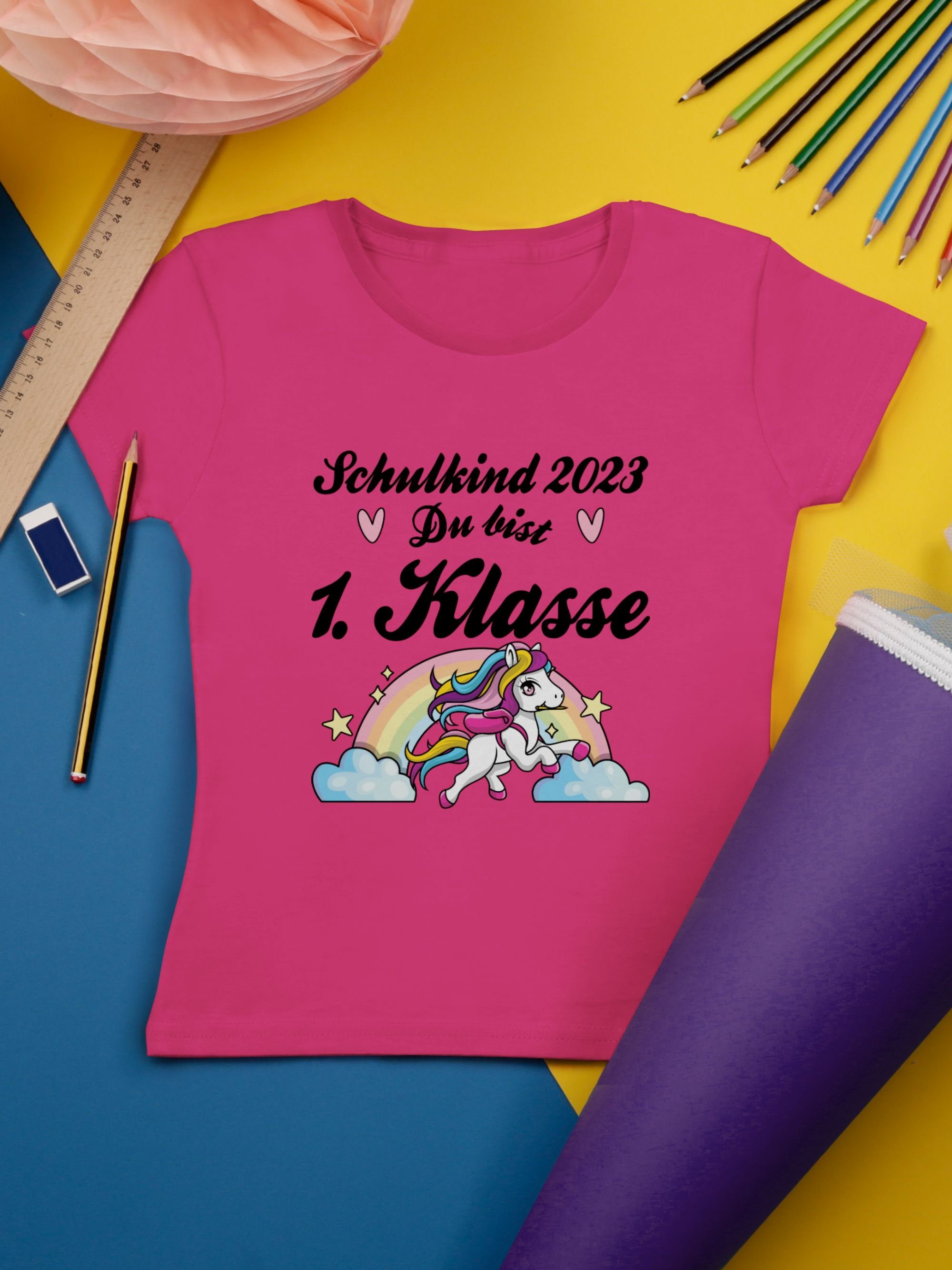 Mädchen - Fuchsia 1 Pferd Shirtracer T-Shirt Einschulung Du Erstklassig 2023 - bist Schulkind
