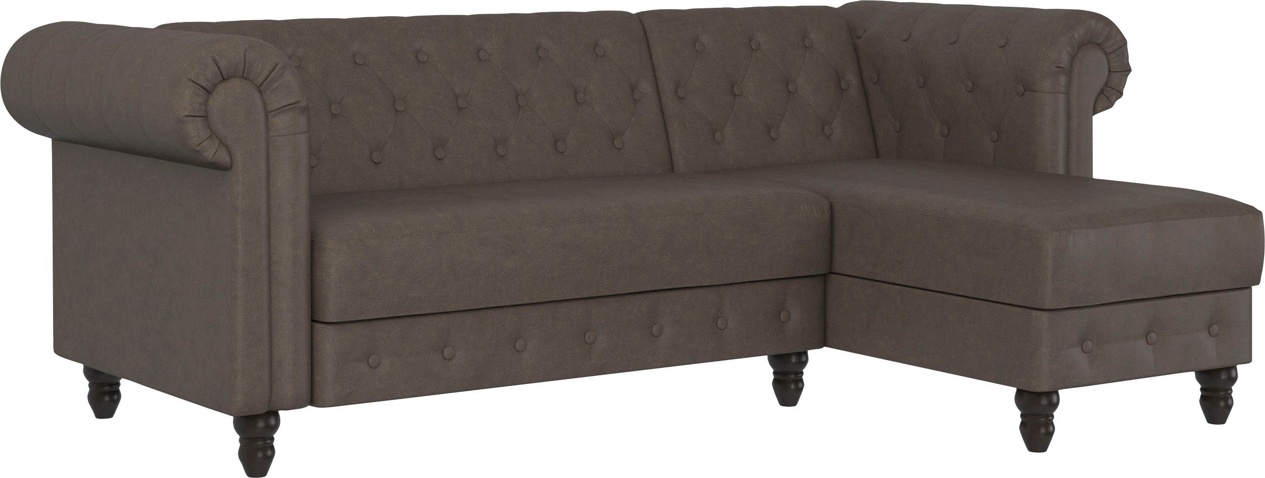 Dorel Home Ecksofa Felix, L-Form, 241 cm (Liegefl.108x195 cm), Recamiere tauschbar, verstellb. Rückenlehne, Bett-Funktion, Velours, Kunstleder, Vintage