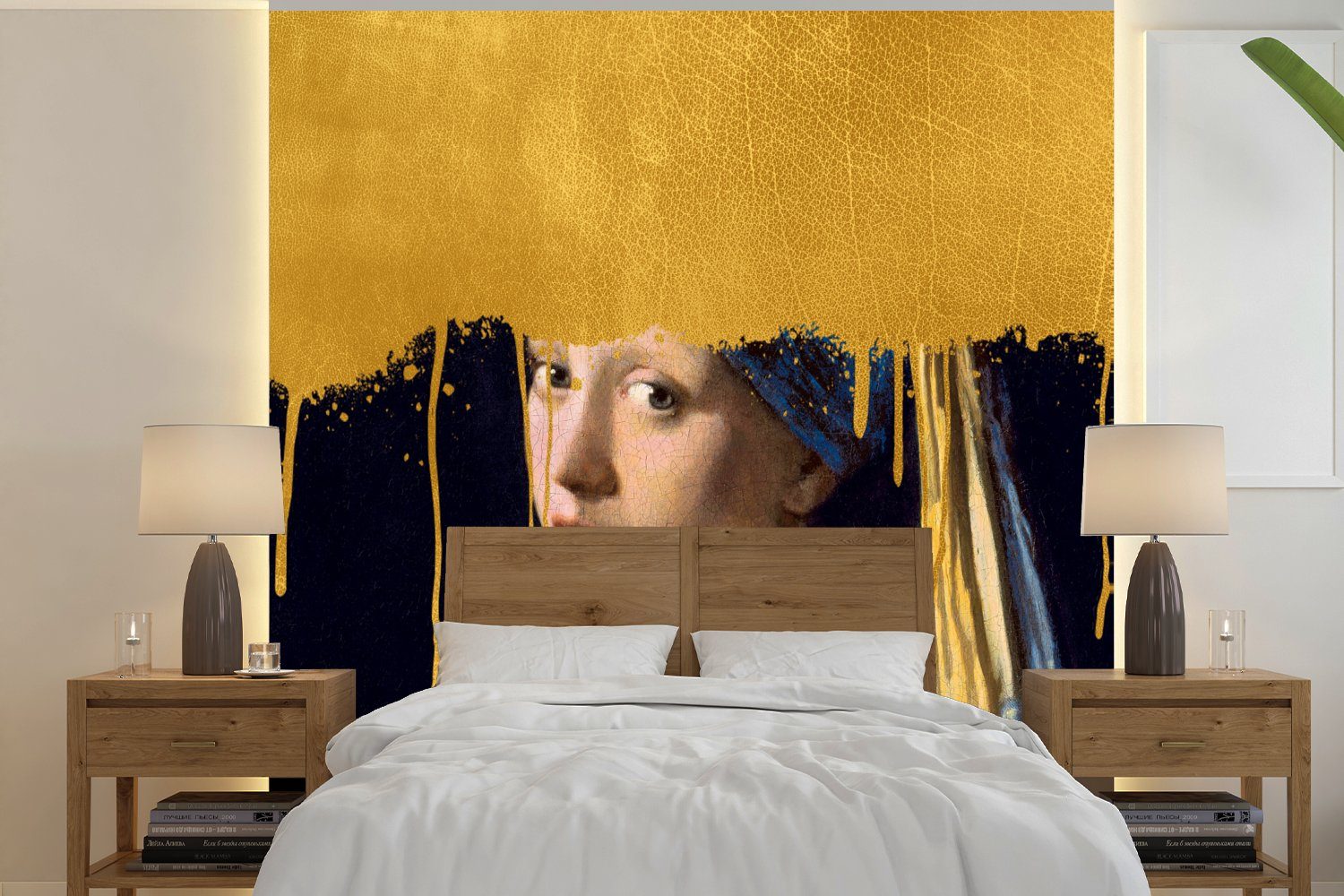 MuchoWow Fototapete Mädchen mit einem Perlenohrring - Gold - Vermeer, Matt, bedruckt, (4 St), Vliestapete für Wohnzimmer Schlafzimmer Küche, Fototapete