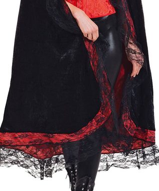 Karneval-Klamotten Vampir-Kostüm Damen Vampir Umhang mit Kapuze schwarz rot Spitze, Vampirin Dracula Kleid Frauenkostüm Halloween Karneval