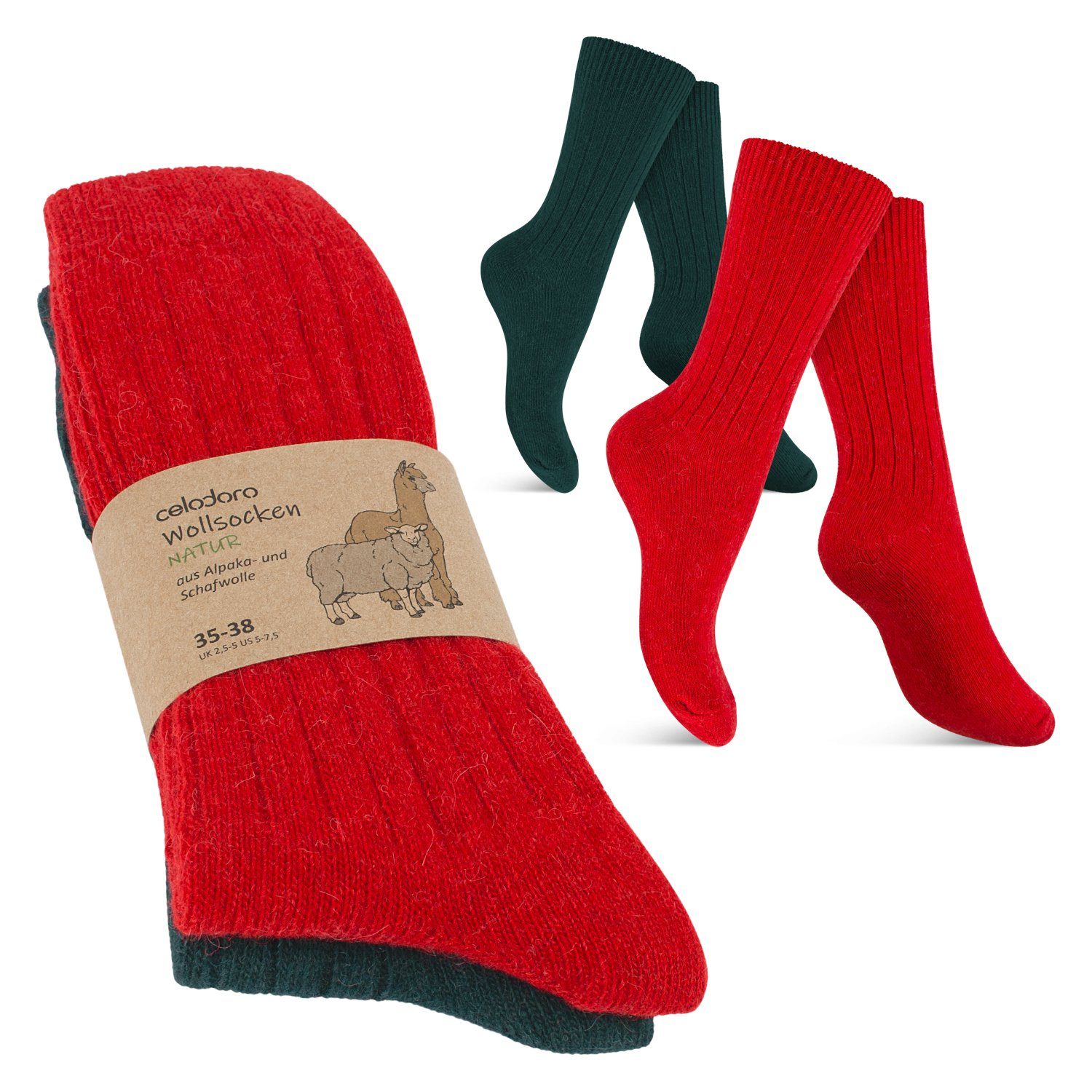 celodoro Freizeitsocken Damen & Herren Wollsocken & Kniestrümpfe mit Alpaka Rot-Grün