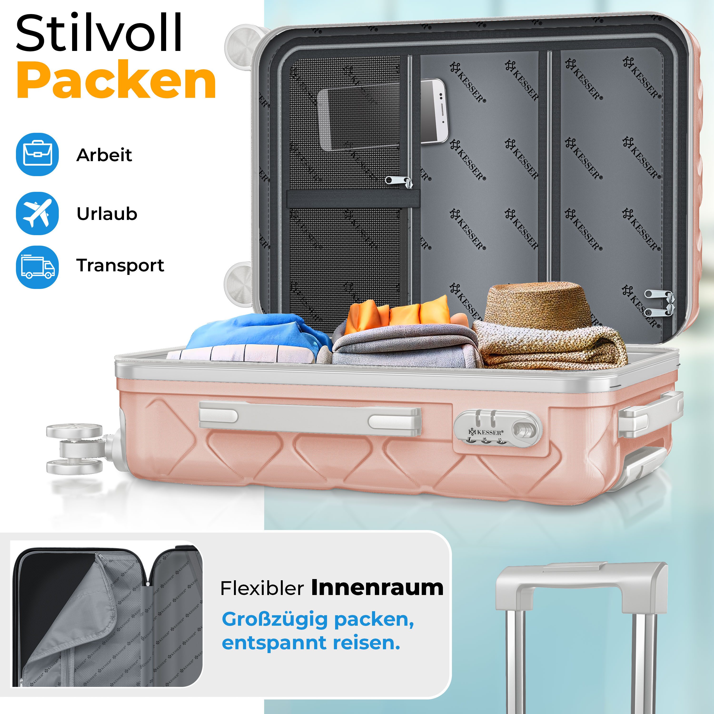 KESSER Hartschalen-Trolley Reisekoffer, 4 Rollen, ABS Hartschalenkoffer mit Zahlenschloss Kofferwaage & Reisebrieftasche