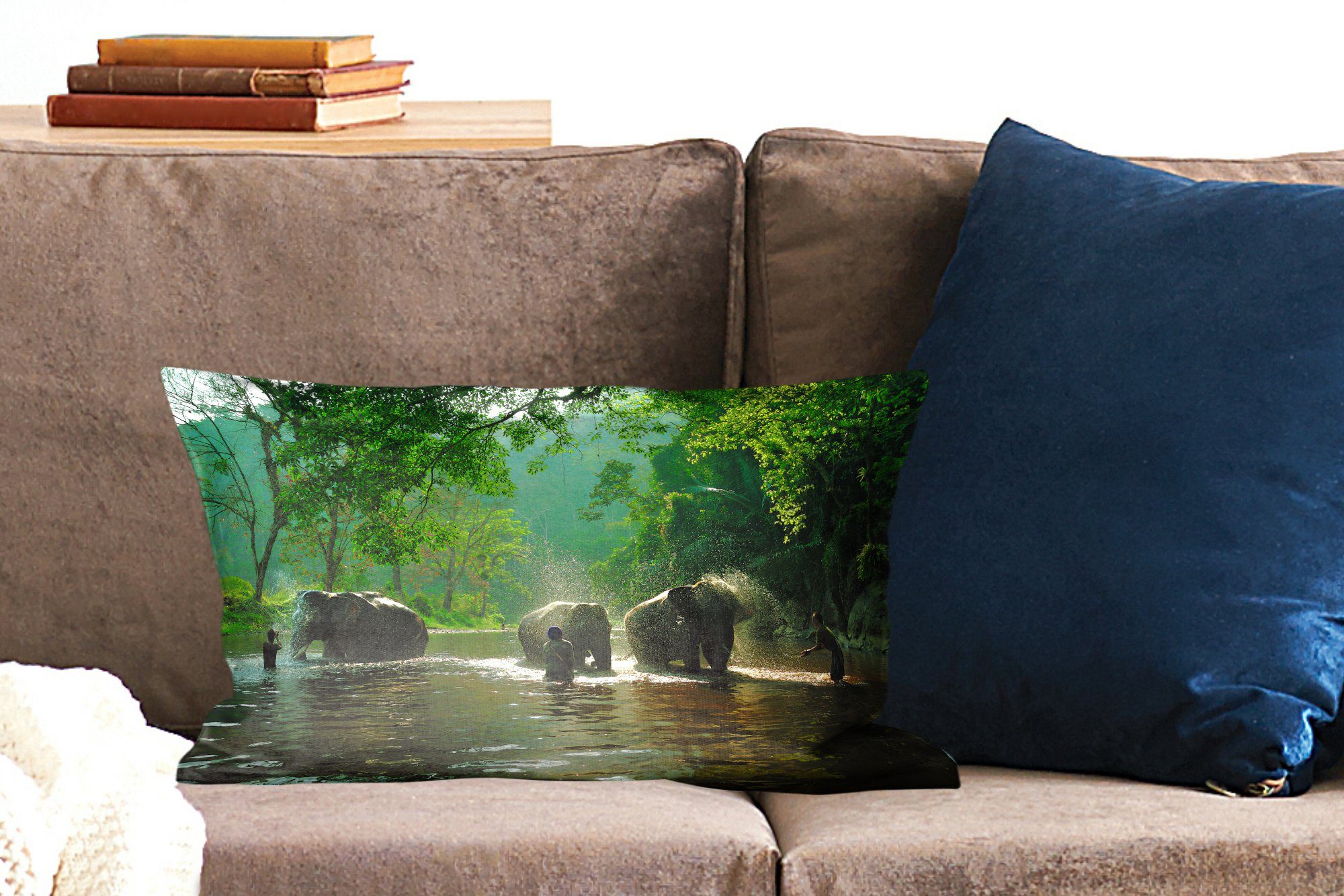 Dekoration, Wasser Wohzimmer Grün mit Tiere, Dekokissen Zierkissen, MuchoWow - - Schlafzimmer - Elefant Bäume Dekokissen Füllung, -