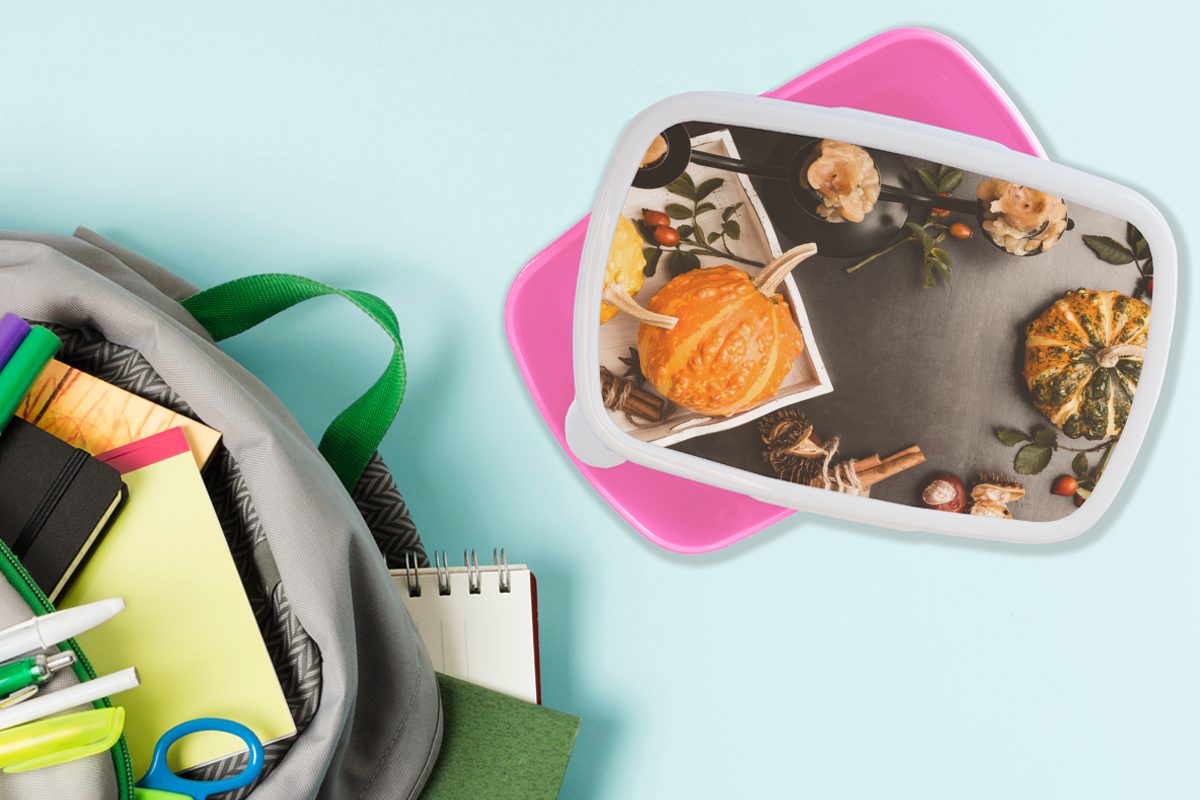 MuchoWow Lunchbox Herbst - Erwachsene, (2-tlg), Kürbis Kunststoff Tisch, Kinder, Mädchen, Kunststoff, Brotbox für Snackbox, rosa - Brotdose