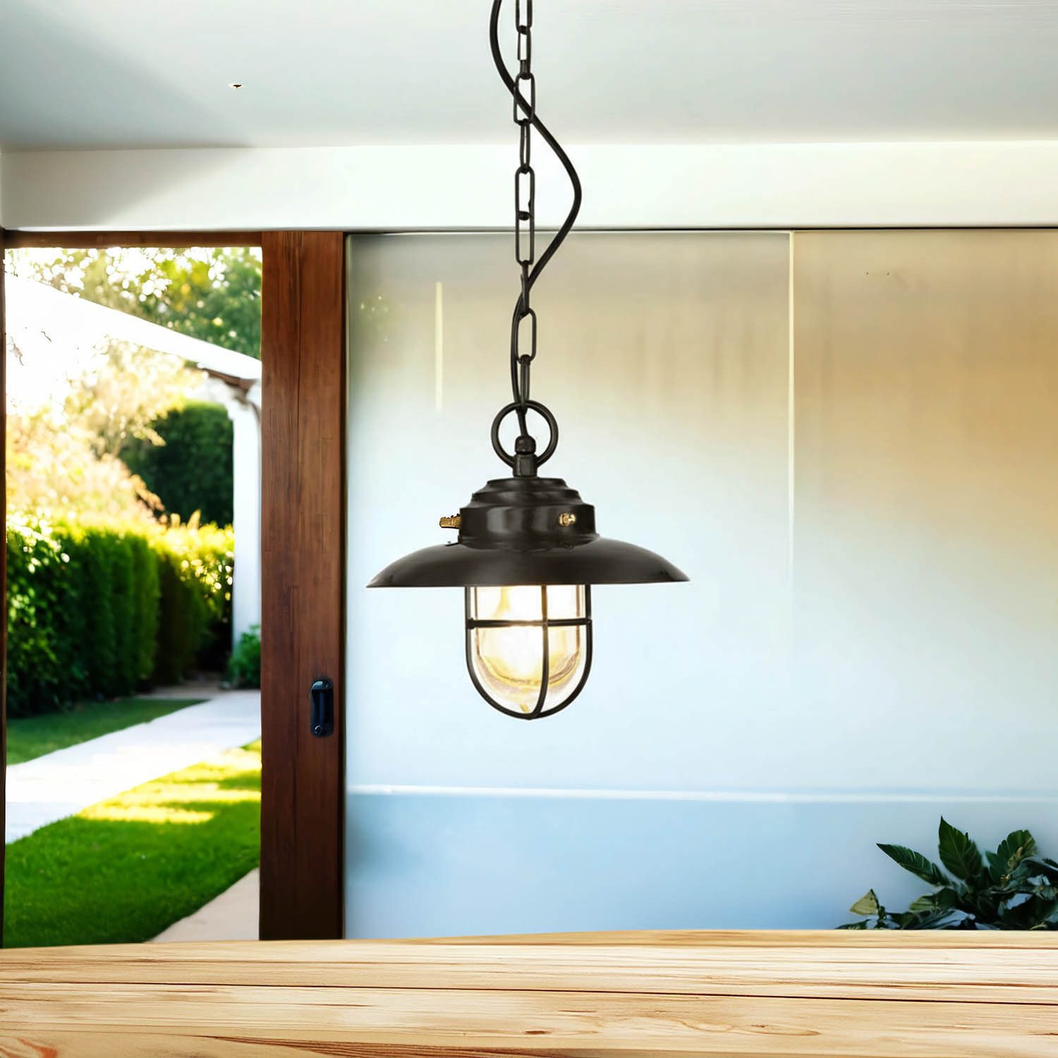 Licht-Erlebnisse Außen-Deckenleuchte KAVALA, ohne Leuchtmittel, Glas Echt-Messing D: 23 cm IP54 Schwarz E27 rund Maritim