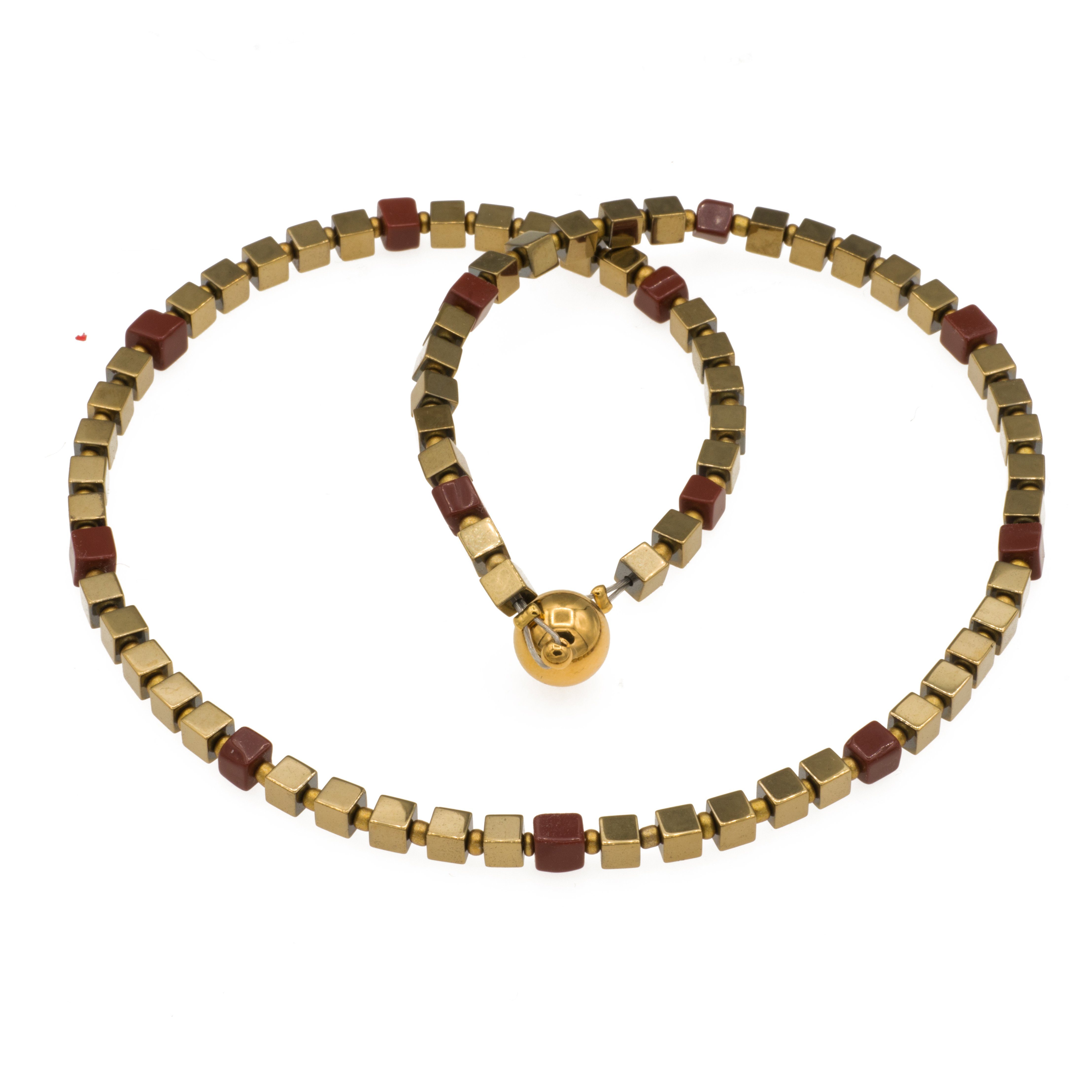 Perlenkette Kette mit Würfel Perlen aus Hämatit und rotem Jaspis
