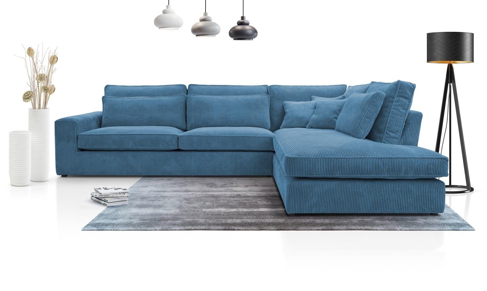 Beautysofa Ecksofa PARMA, im modernes Design, klassische Polsterecke inklusive Wellenfedern, große l-förmig Ecke, Wohnzimmersofa aus Velours Blau (lincoln 75)