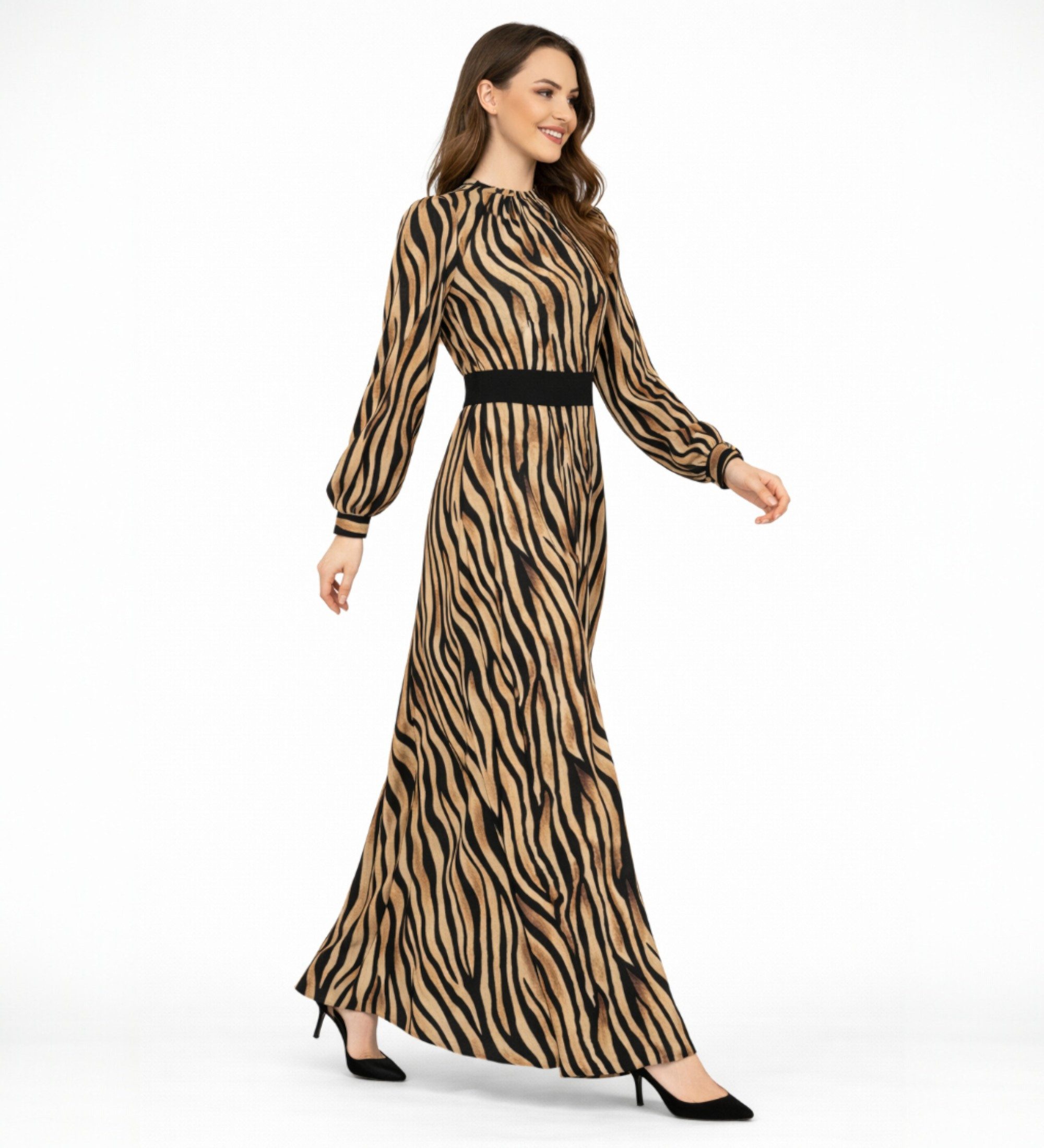 fashionshowcase Chiffonkleid Damen Abendkleid im Zebramuster Langärmlig – Modest Fashion elastisches Taillenband, gefüttert