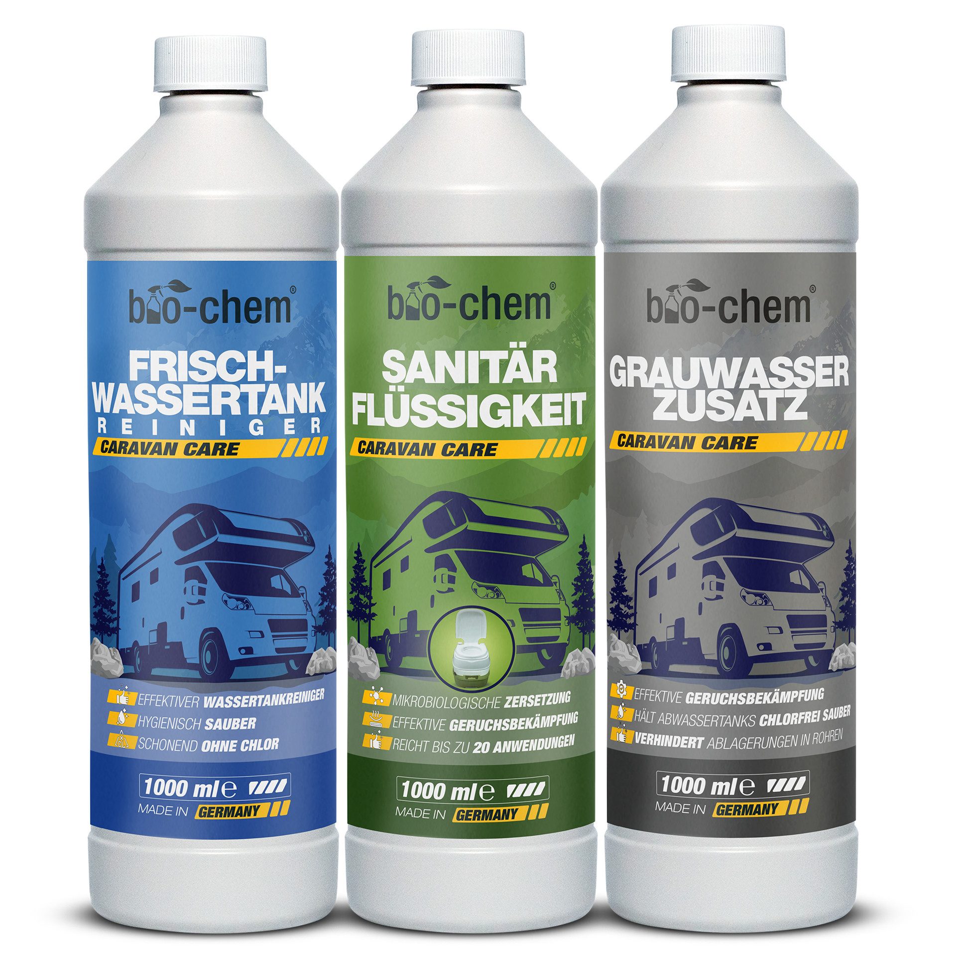 bio-chem bio-chem Hygiene-Set Camping: 3x1L Sanitär, Frisch- & Grauwasser Campingtoilettenreiniger (Grauwasserzusatz 1l Sanitärflüssigkeit 1l Frischwassertank-Reiniger 1l)
