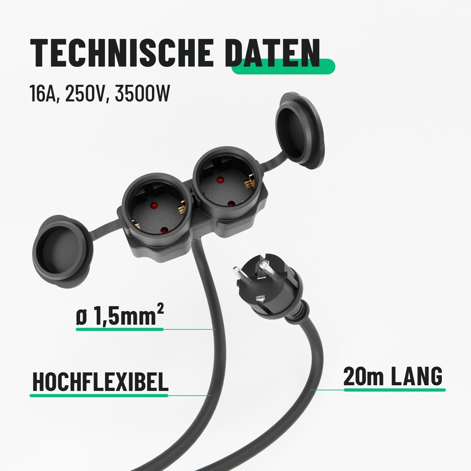 greate. 2x 2fach Verlängerungskabel 20m - wasserdicht IP44 - 3500 W Verlängerungskabel – Bild 4 von 5