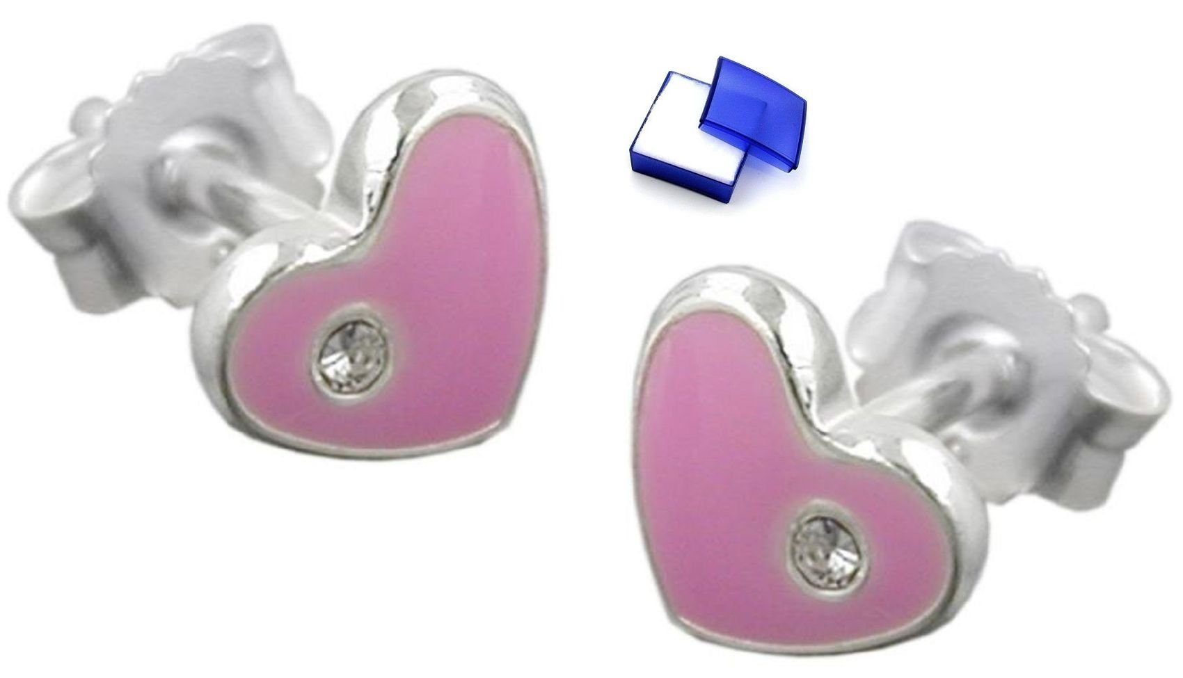 unbespielt Paar Ohrstecker Kinderohrringe Stecker 6 x 7 mm Herz pink mit Glitzersteinchen 925 Silber inklusive Schmuckbox, Silberschmuck für Kinder