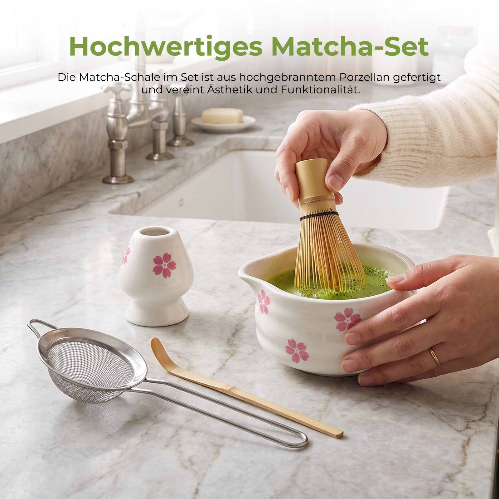AKKEE Teeservice Matcha Set mit Teeschale, Matchabesen und Besenhalter, 1 Personen, 5 Artikel Matcha-Zubehör aus Keramik