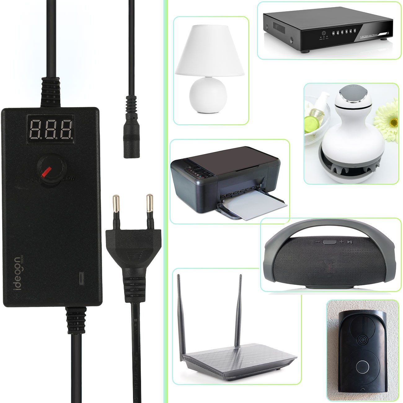 shop'n smile ideoon Schaltnetzteil 36W, 5-24V - AC/DC mit 7 Adaptern Universal-Netzteil (für Router, LED-Strips, Monitore, Kameras & mehr)