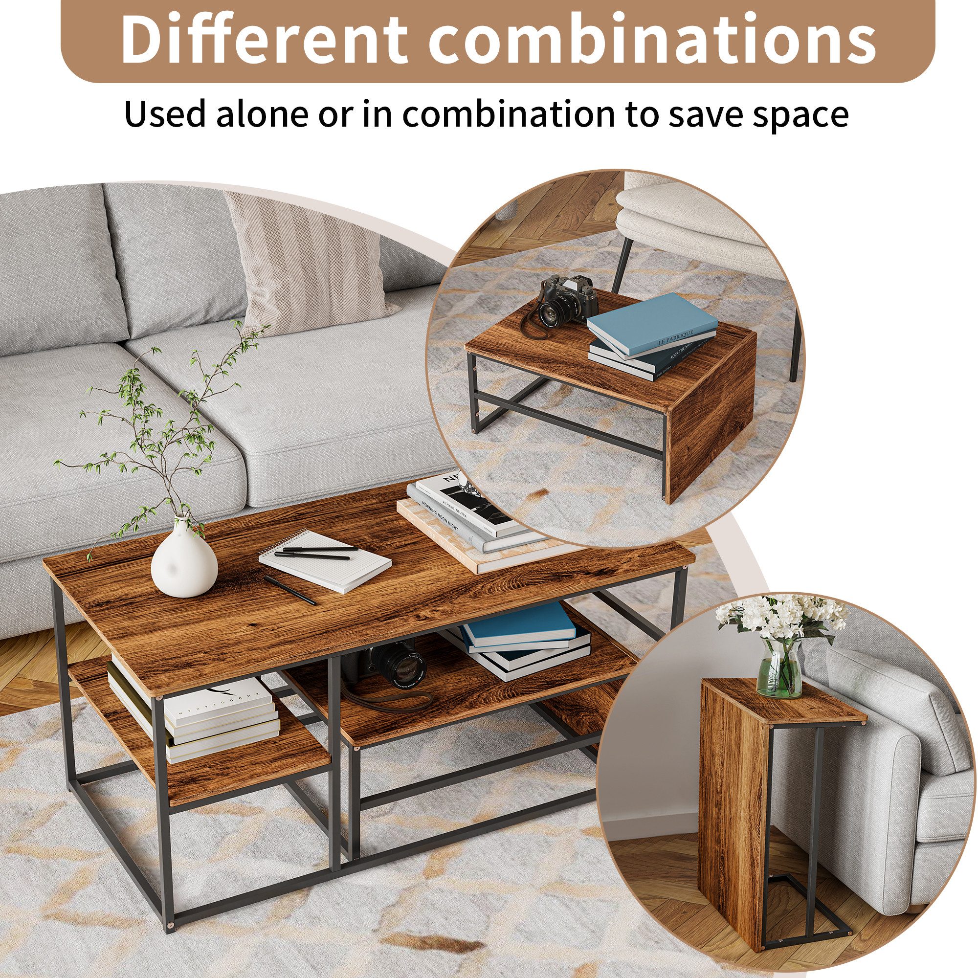 Gdood Couchtisch Rechteck Satztisch Beistelltisch stapelbarer Sofatisch (2-St., Ideal für Wohnzimmer & Büro, Platzsparendes stapelbares Design), Mit Holzmaserun – Bild 4 von 5