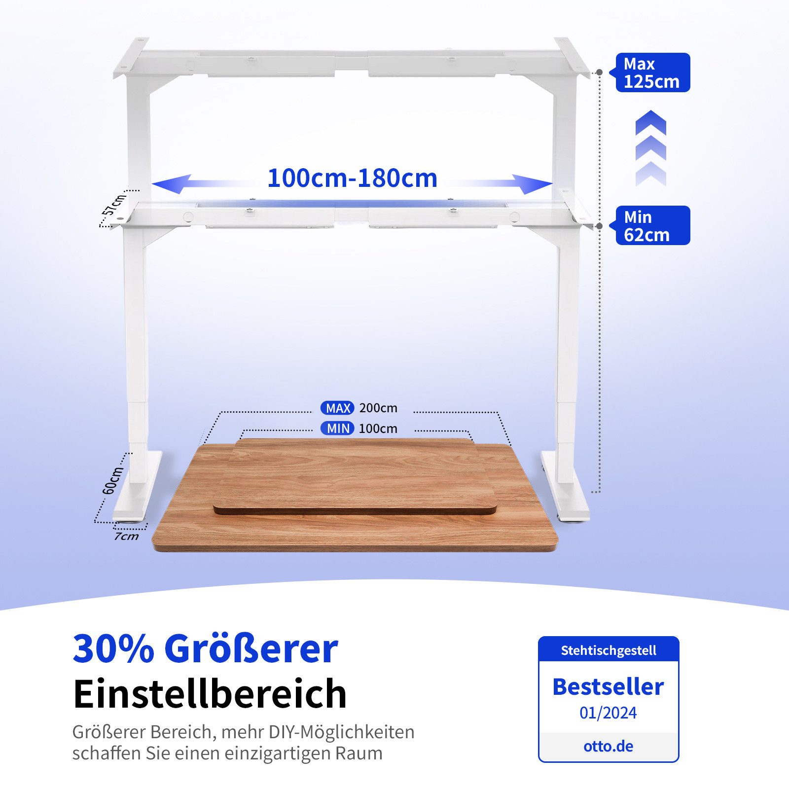 MAIDESITE Schreibtisch Elektrisch Höhenverstellbarer, Dualmotor-System, 62-125 cm (1-St), bis 160 kg, leise, ergonomisch mit Memory-Funktion & USB-Ladeanschluss – Bild 2 von 5