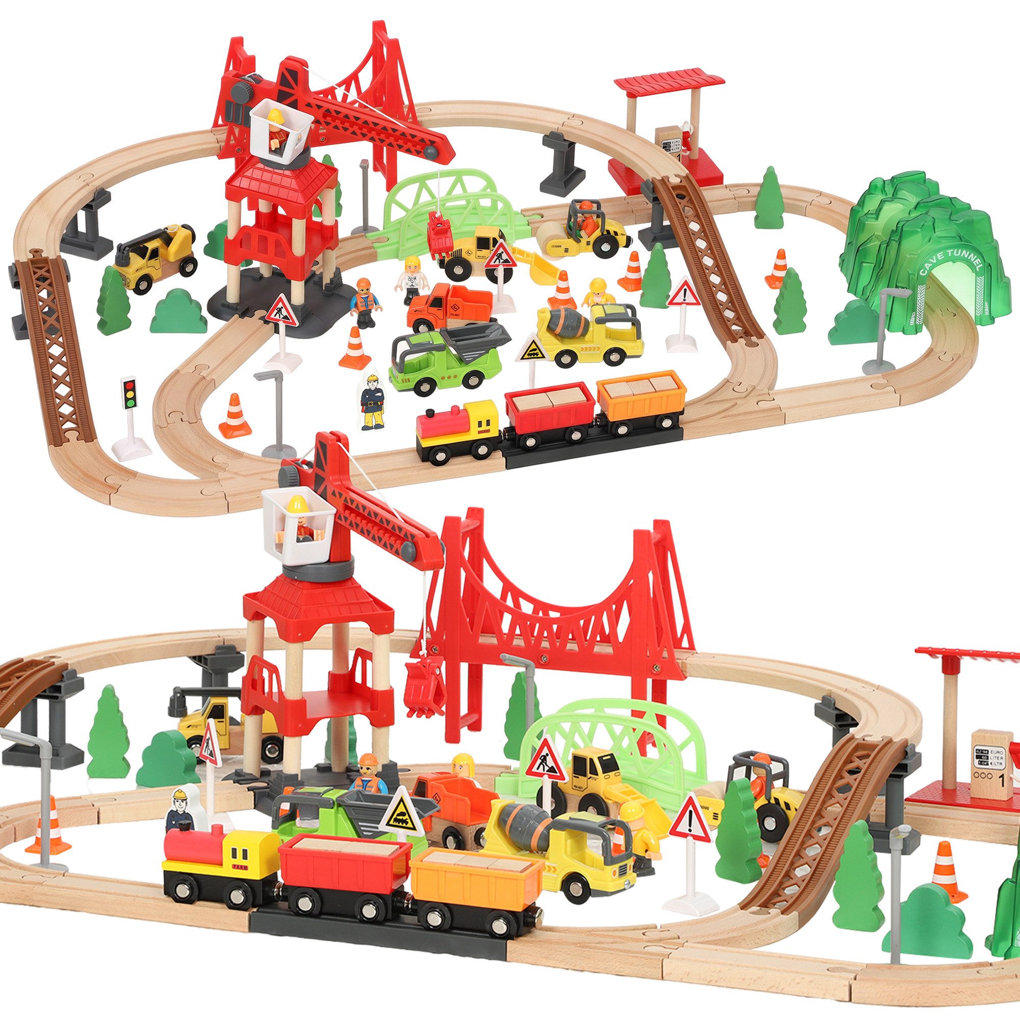 AIYAPLAY Spielzeugeisenbahn-Set Baufahrzeuge, Brücke, Zugspielzeug für Kinder ab 3 Jahren, Spur nicht anwendbar, (Spielzeug, 1-tlg., Holzeisenbahn Set), mit Soundeffekt-Schiene und Magnetkran