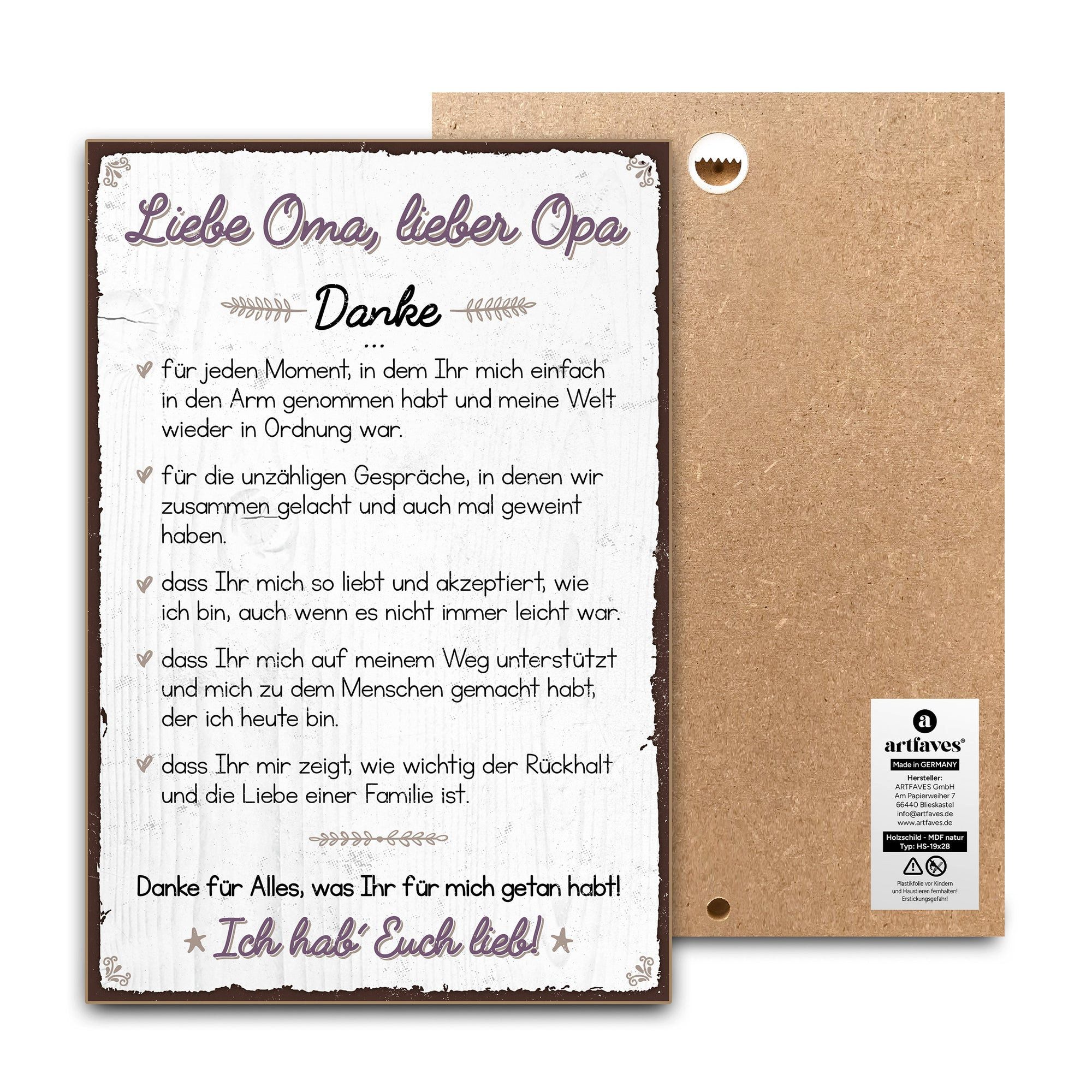 ARTFAVES Holzbild Schild mit Spruch - DANKE liebe Oma, lieber OPA - Großelt günstig online kaufen