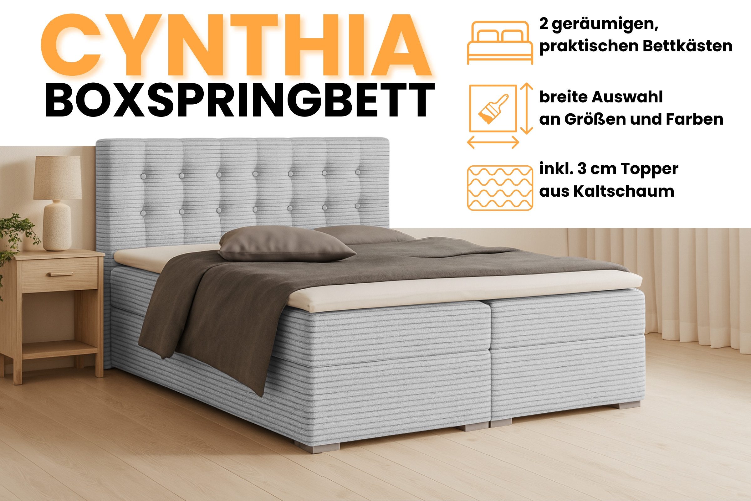 Deine Möbel 24 Boxspringbett CYNTHIA Boxbett Polsterbett Matratzen H3 oder H4 (Set, 3-St., Cord Cord-Samt 140x200 160x200 180x200 200x200), inkl. Bettkasten Topper Matratzen H3 H4