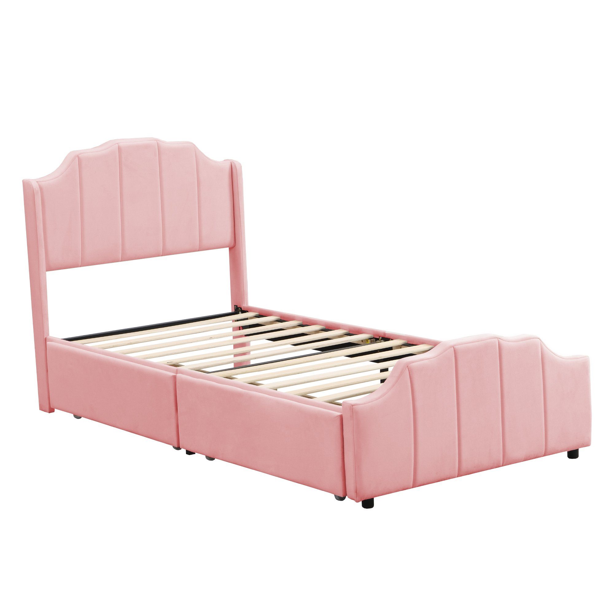 Polsterbett (Kinderbett), Einzelbett 90x200cm mit 2 Schubladen & Lattenrost, weicher Samt-Bezug