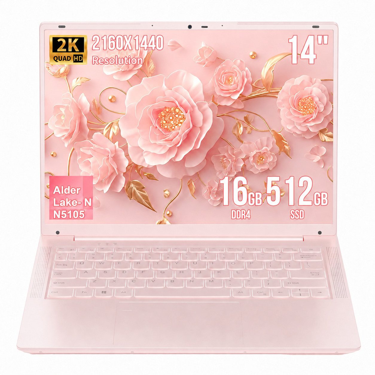 LONGEVINCE 14-Zoll-2K-IPS-Laptop mit Intel Celeron N5105, 16GB DDR4 Notebook (35,56 cm/14 Zoll, Intel Celeron N5105, Intel UHD Graphics, 16 GB, 512 GB SSD, Windows 11 Pro, Fingerabdrucksensor, wählbar 512GB / 960GB SSD)