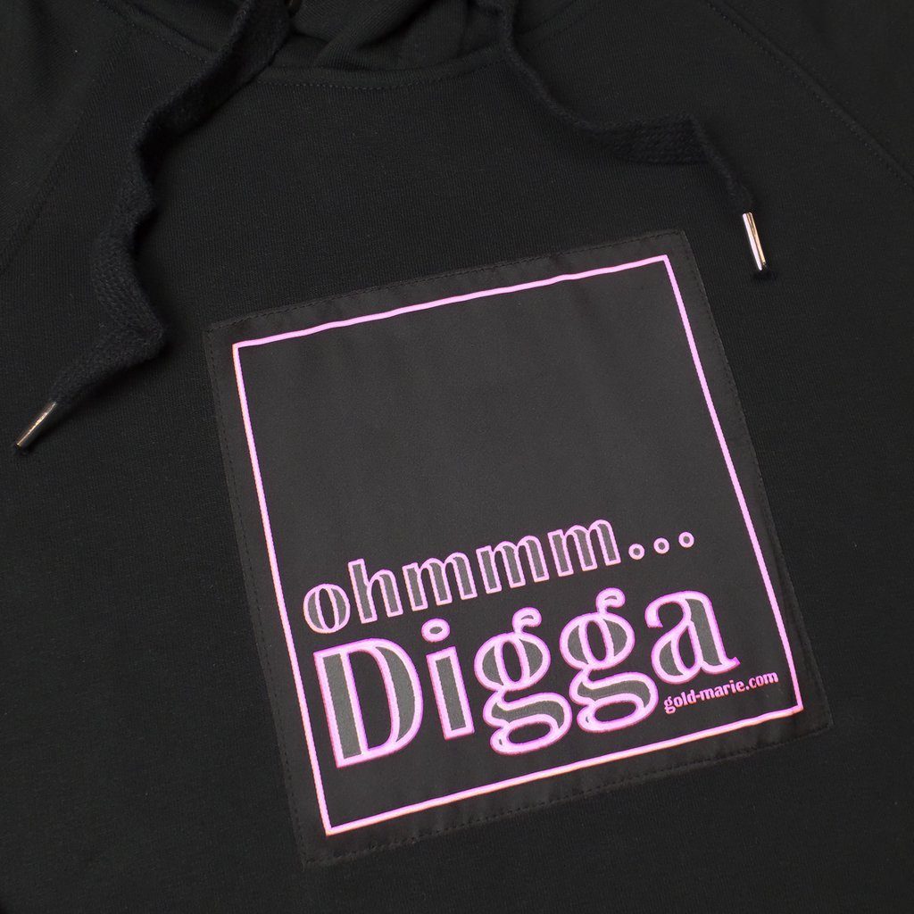 Neonschrift DIGGA pink OHMMM Kapuzensweatshirt Applikation schwarz Look goldmarie
